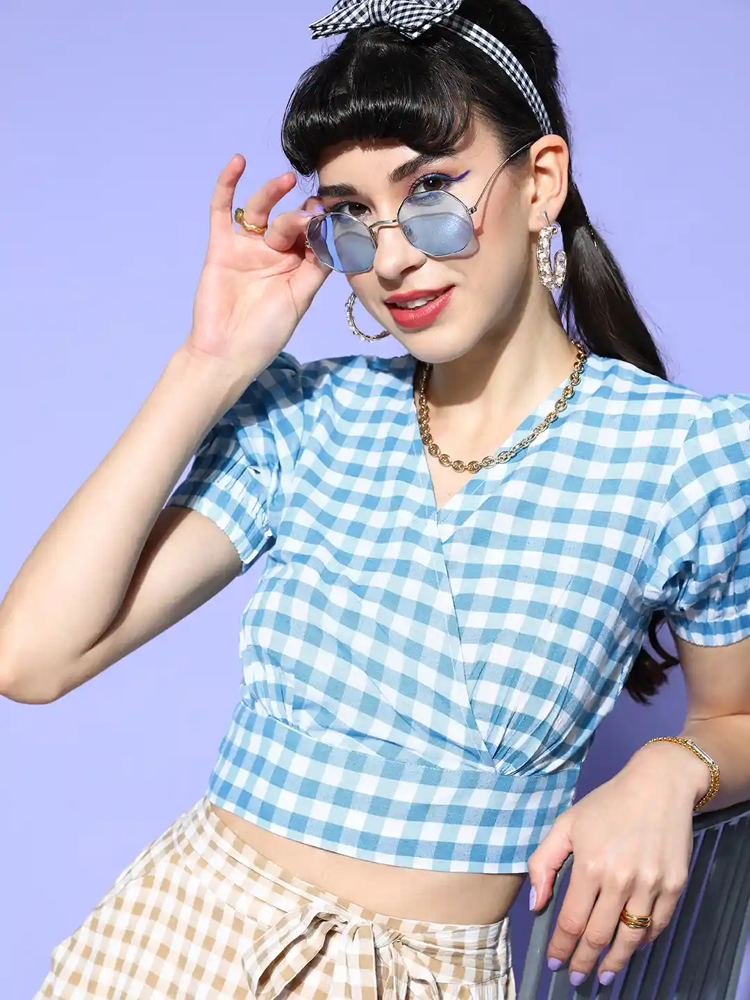 plusS Women Blue White Pure Cotton Summer Checks Crop Wrap Top