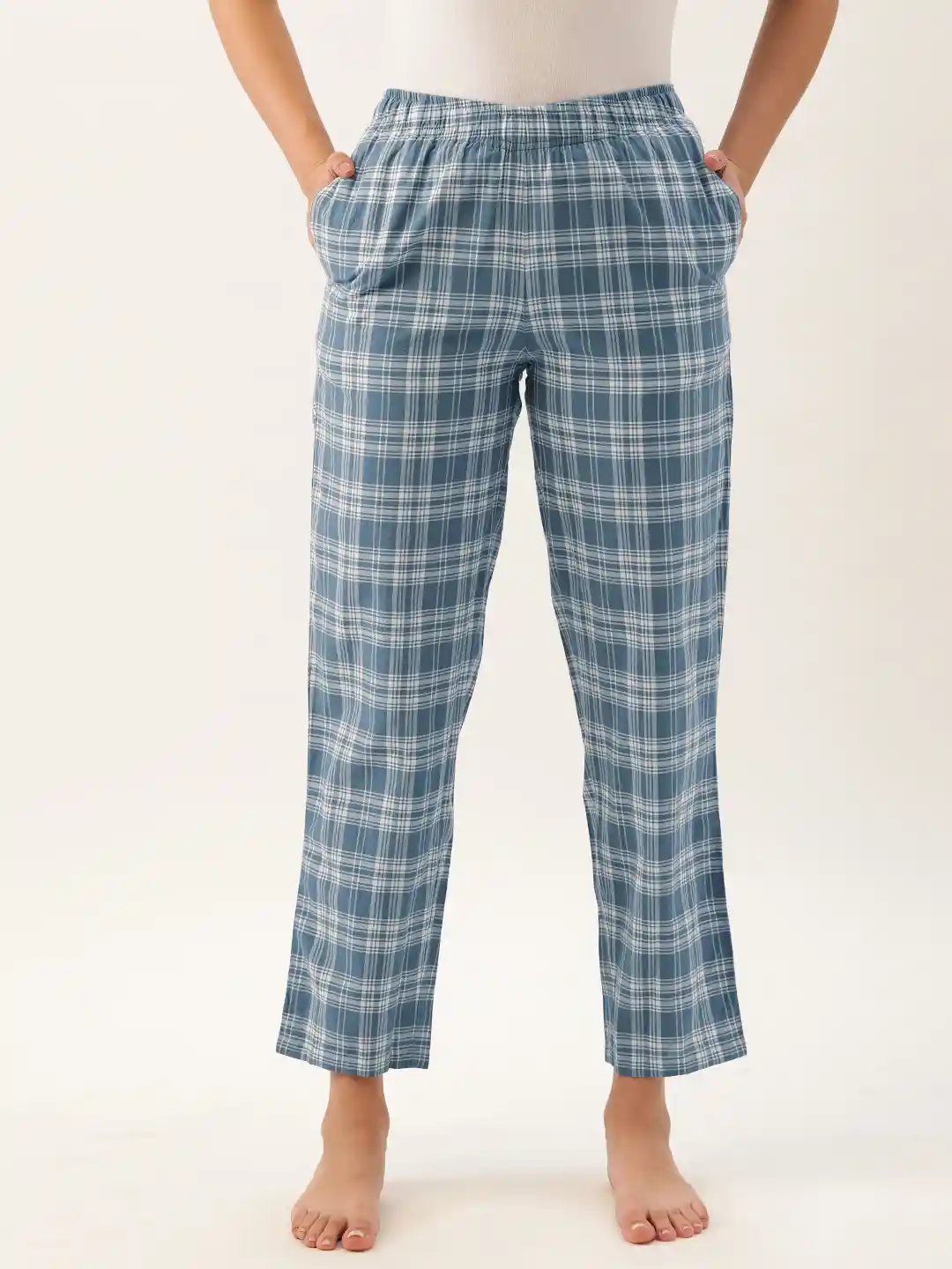Buy Women Blue White Checked Pure Cotton Lounge Pants