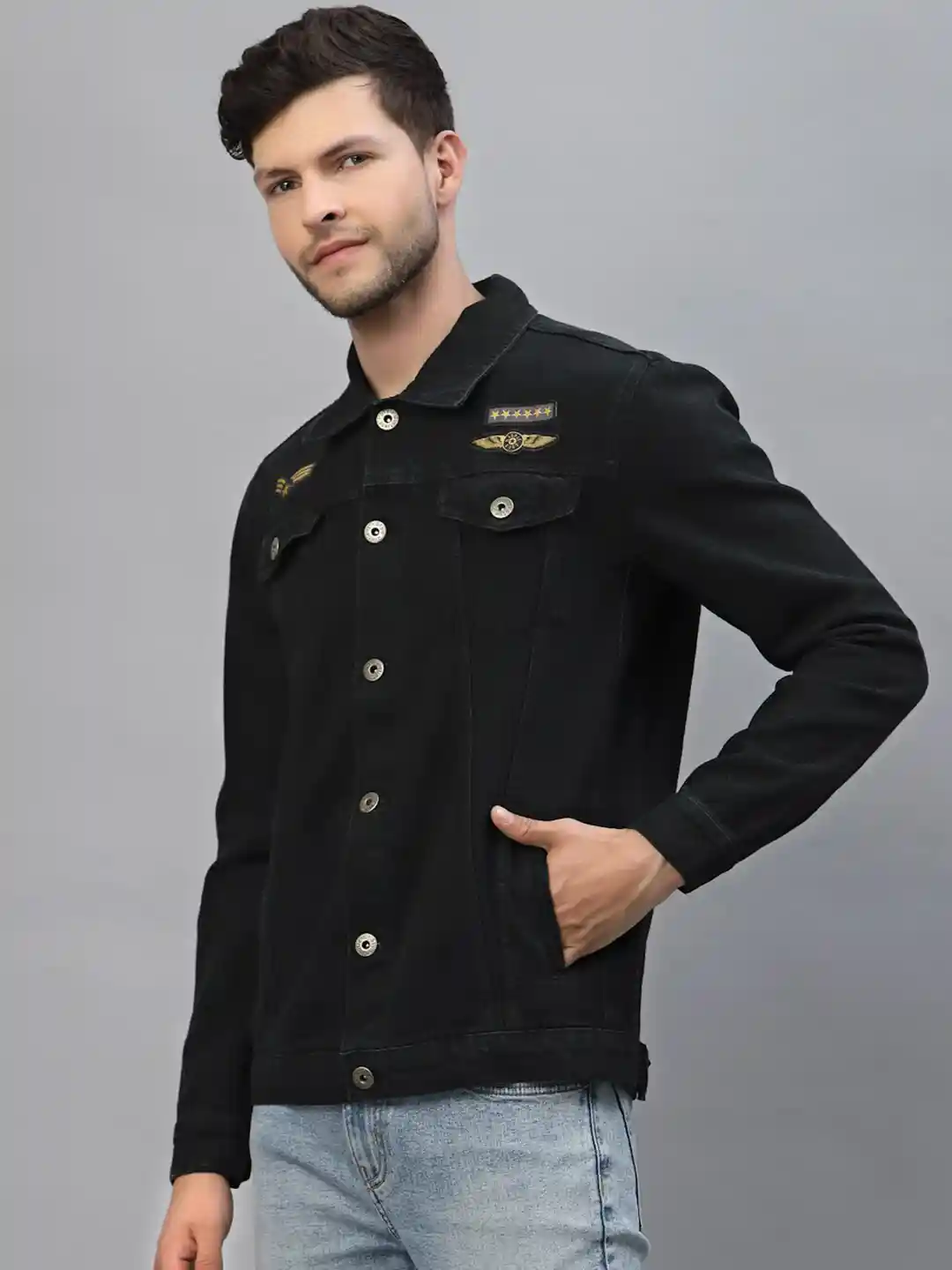 many way denim jacket（unisex) Knuth Marf Buy Style Quotient Men Black Denim Jacket with Patchwork