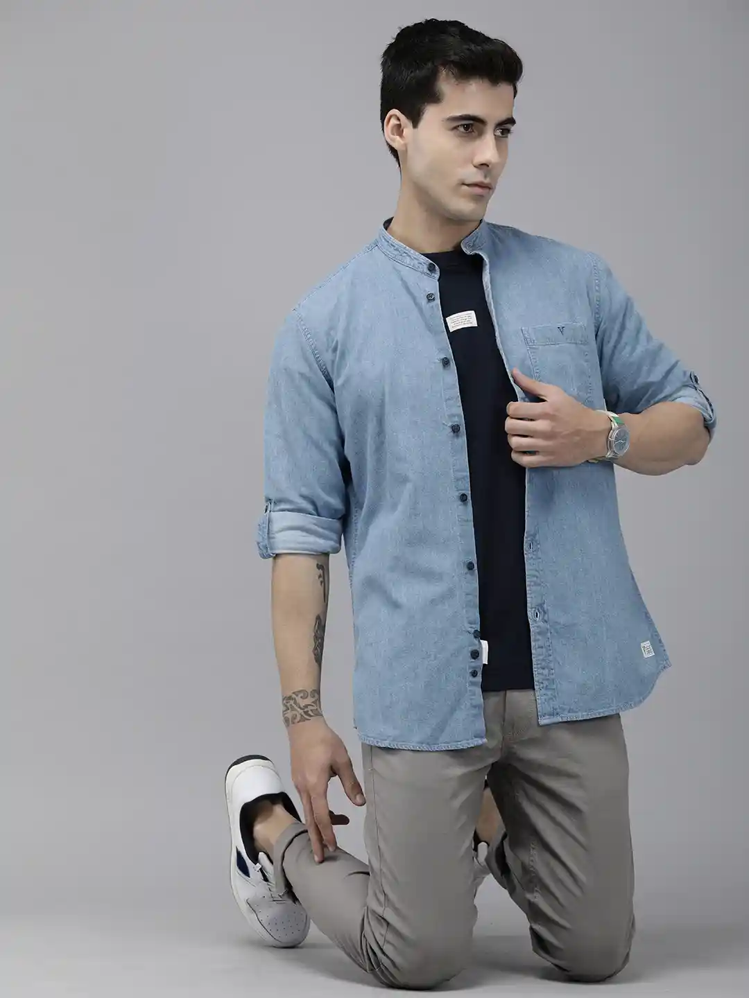 Buy VAN HEUSEN DENIM LABS Men Blue Solid Slim Fit Cotton Linen