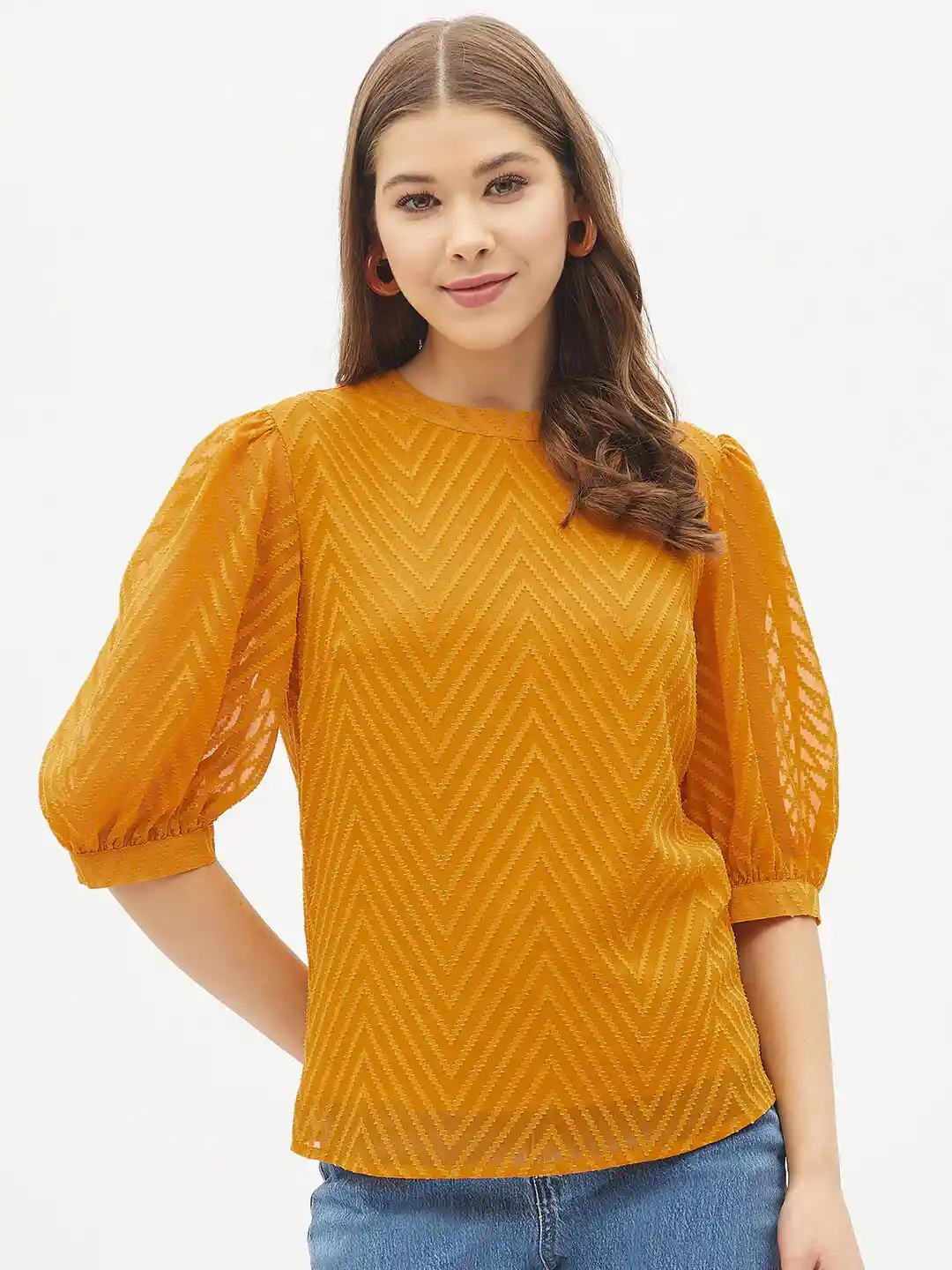 Buy Harpa Mustard Yellow Sheen Sheer Top Tops for Women 17566782 - Main Image