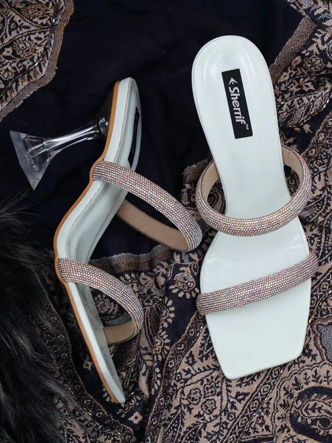 Buy Sherrif Shoes White Embellished Sandals Heels for Women