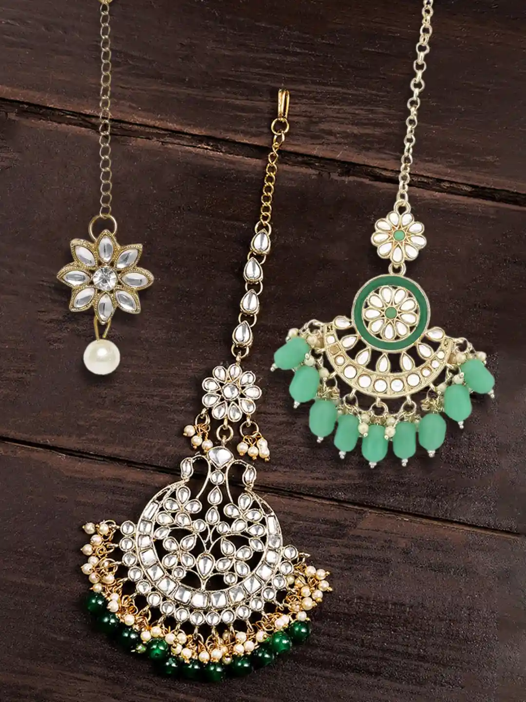 Buy Zaveri Pearls Set Of Gold-Plated Green White Kundan
