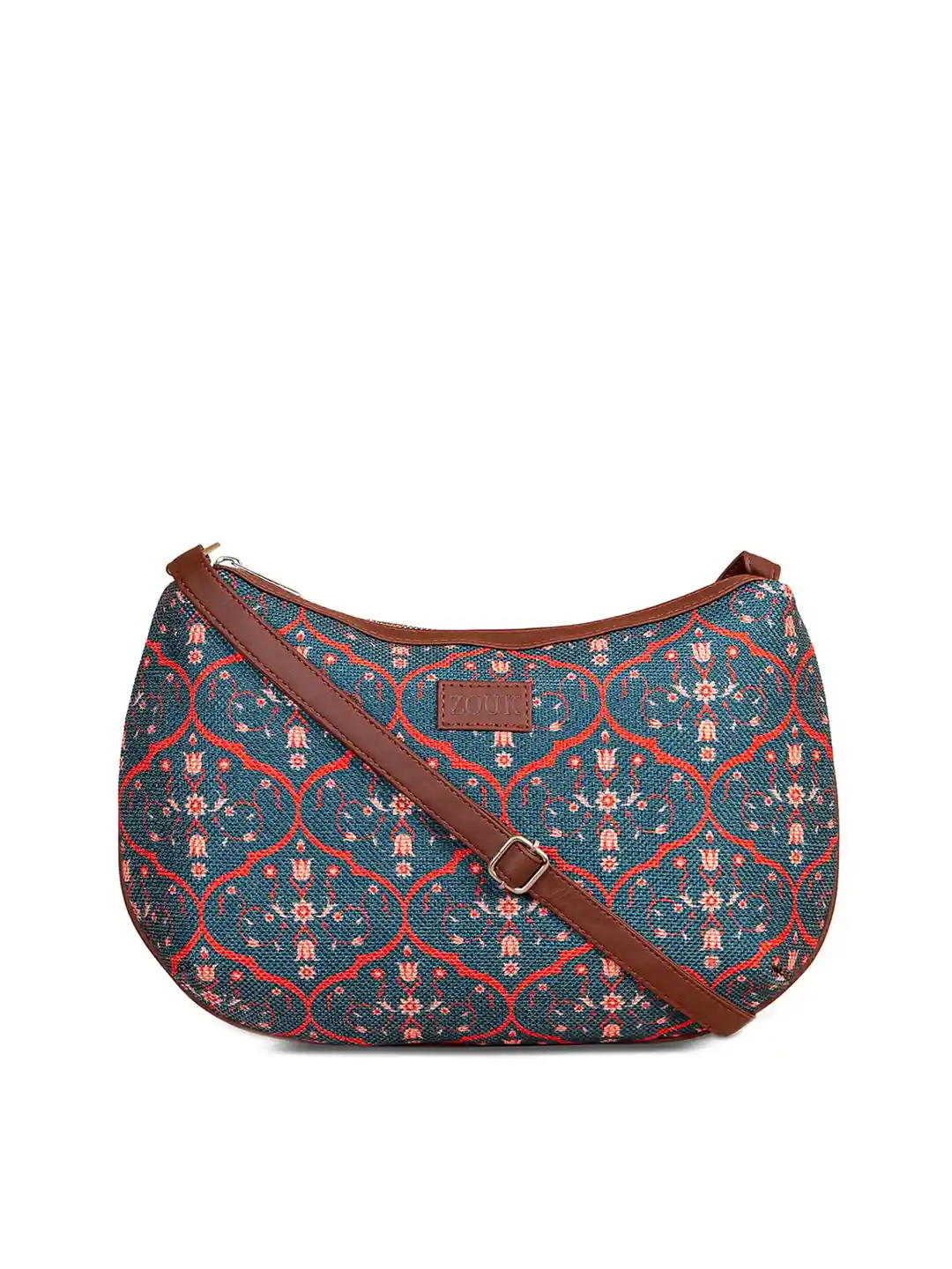 ZOUK Navy Blue Ethnic Motifs Printed Structured Hobo Bag