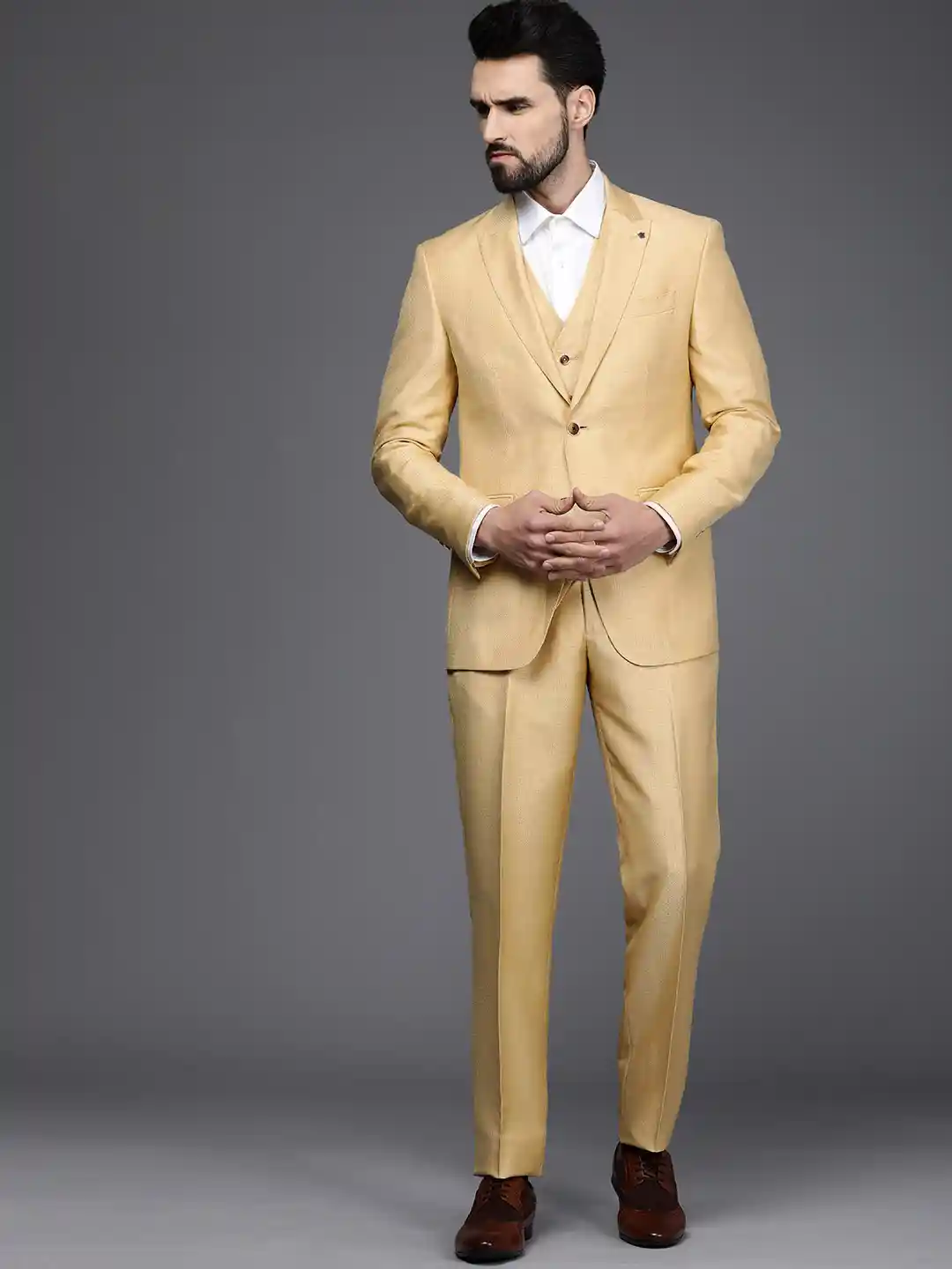 Buy Louis Philippe Men Beige Self Design Single-Breasted Slim-Fit