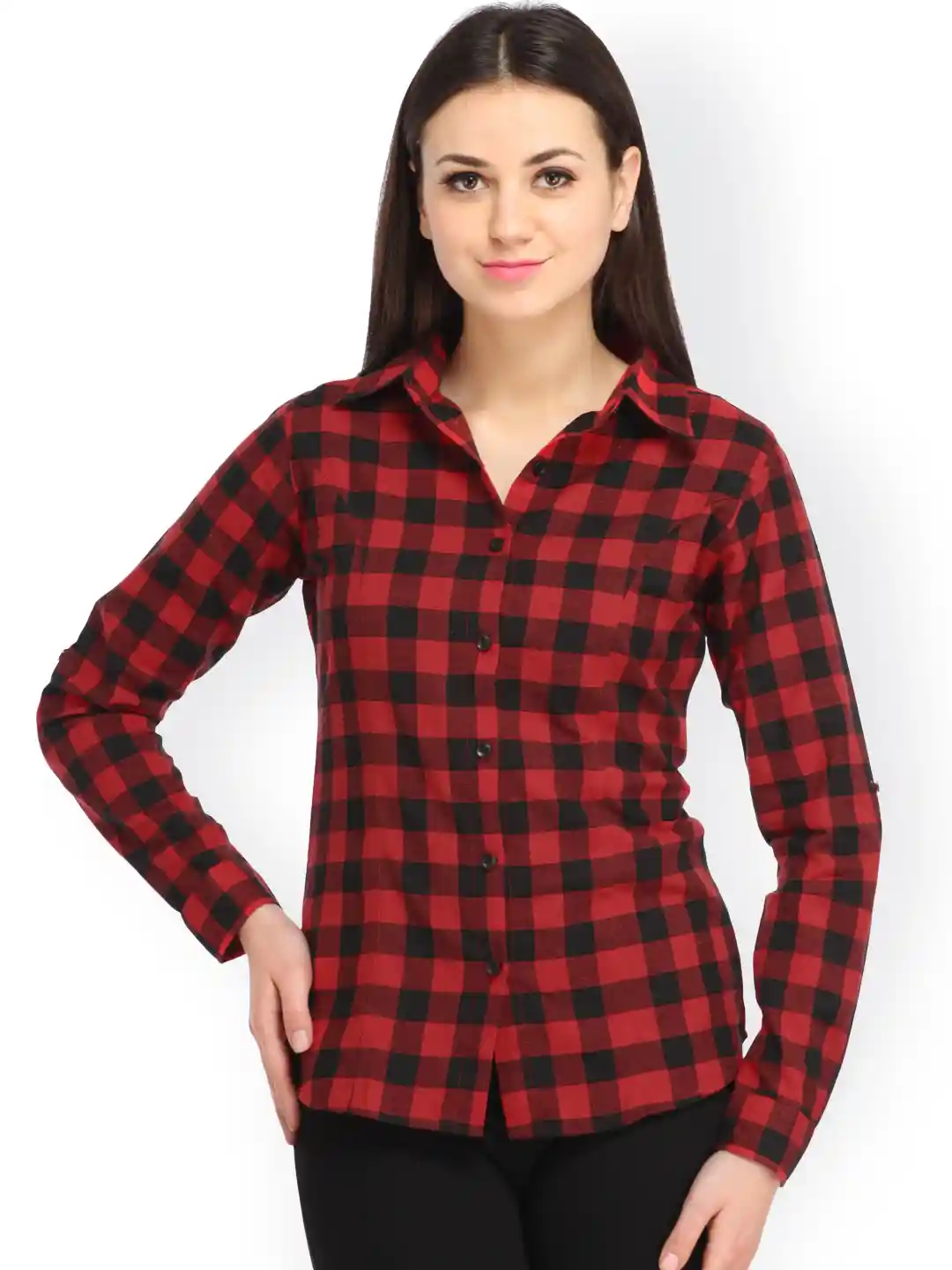 Buy Cation Women Red Black Slim Fit Checked Casual Shirt