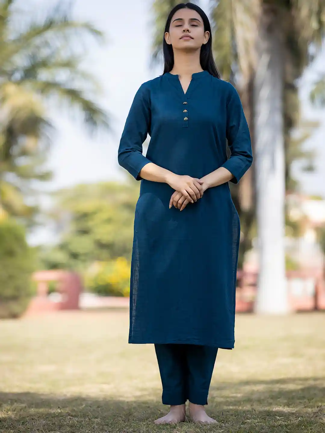 Buy KAAJH Women Navy Blue Pure Cotton Yoga Kurta with Trousers