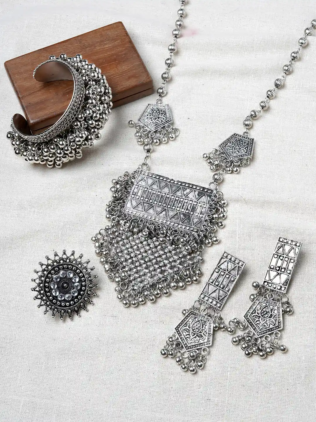 Silver Plated Oxidised Necklace Set Online Buy TEEJH Silver-Plated