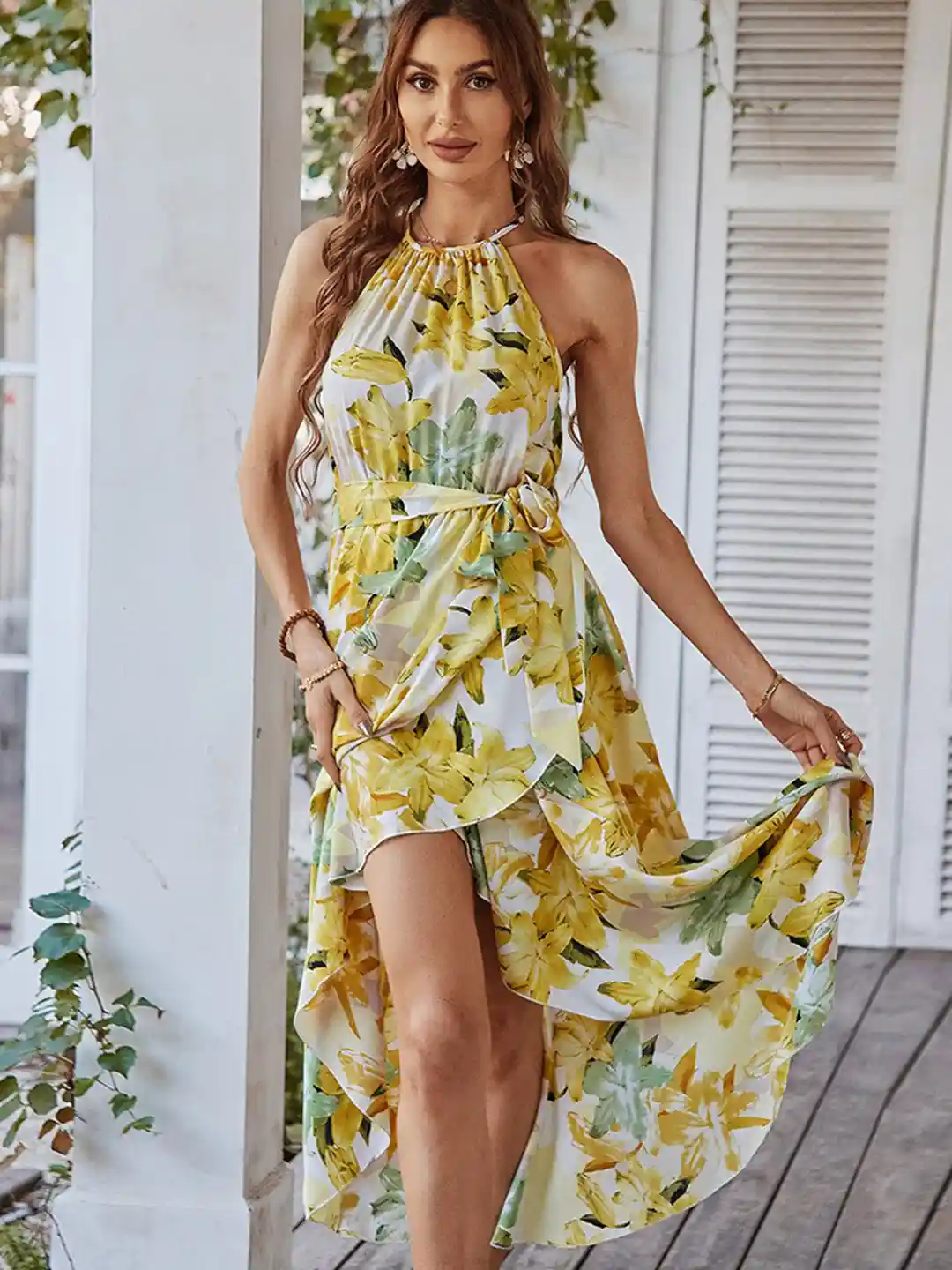 Buy La Aimee Yellow White Floral Halter Neck Asymmetric A-line