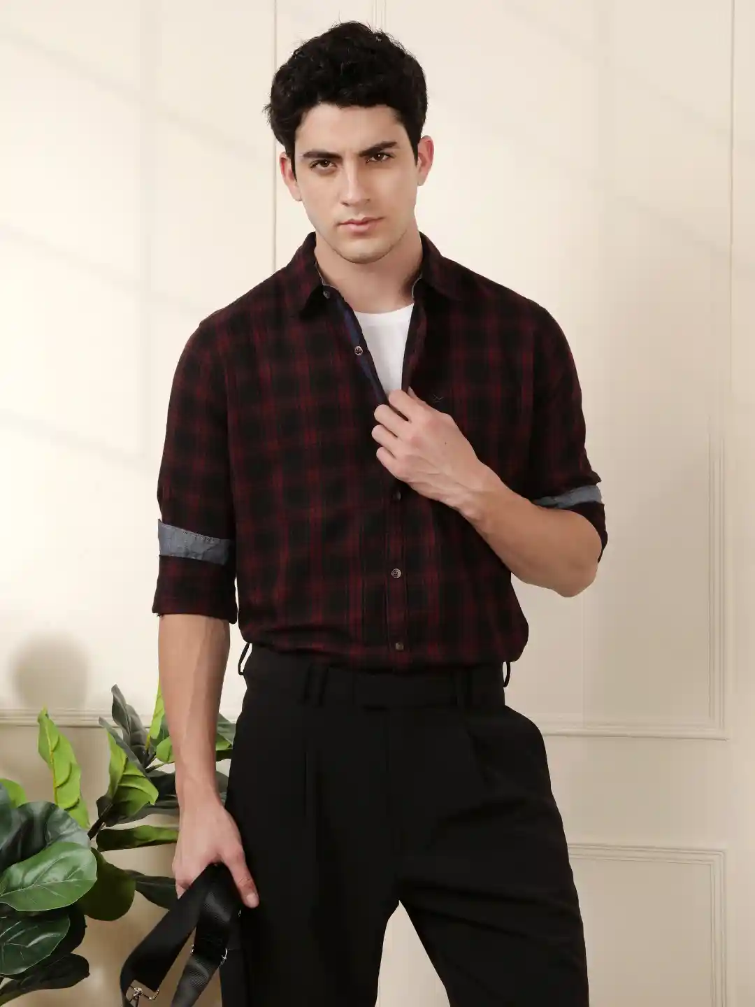 Black Slim Plaid Shirt WROGN Men Dark Purple Black Slim Fit