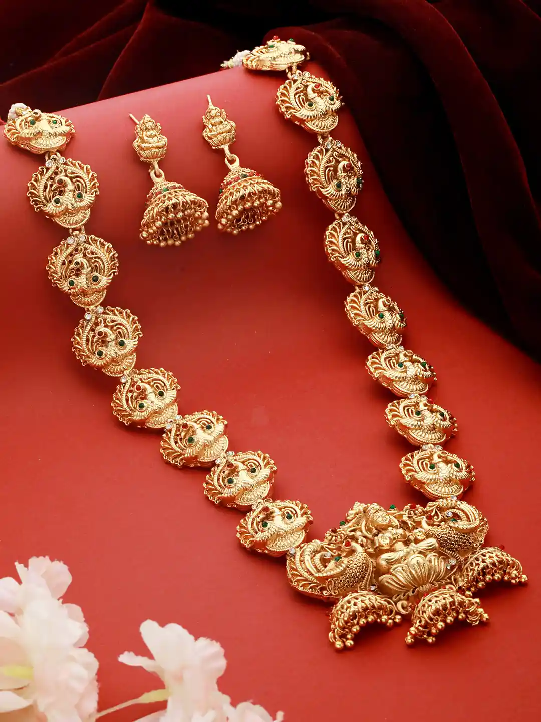 Saraf RS Jewellery Gold-Plated Green Pink Stone Studded Lakshmi Design  Temple Jewellery Set