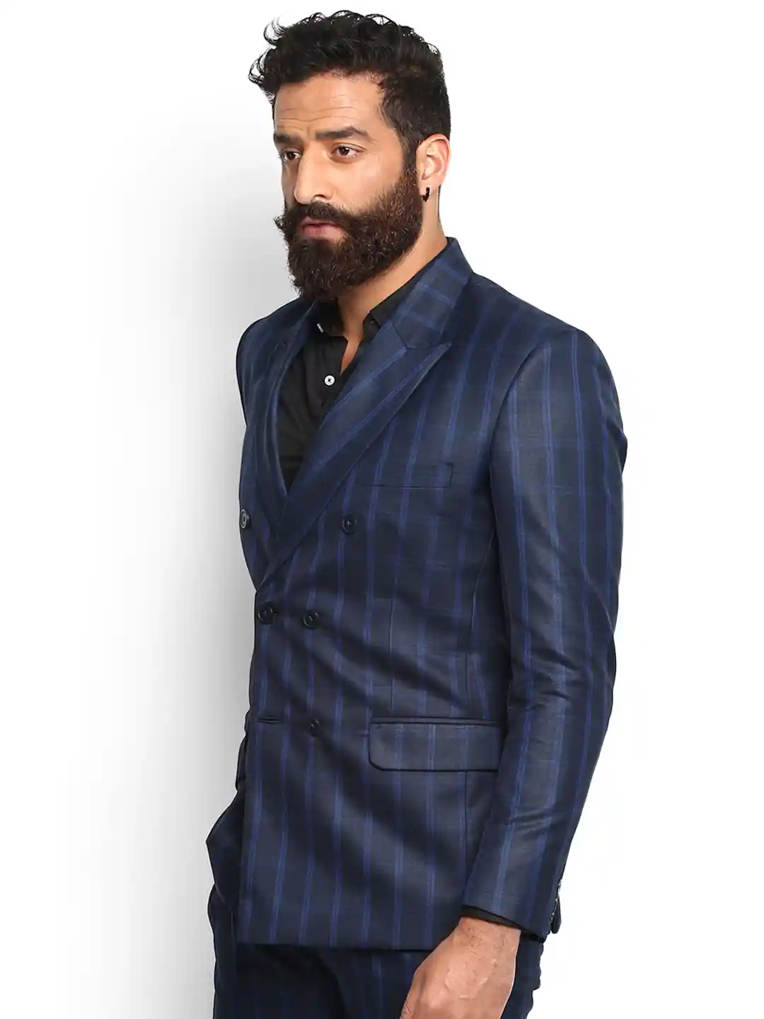 Buy MR BUTTON Blue Checked Slim Fit Double-Breasted Blazer