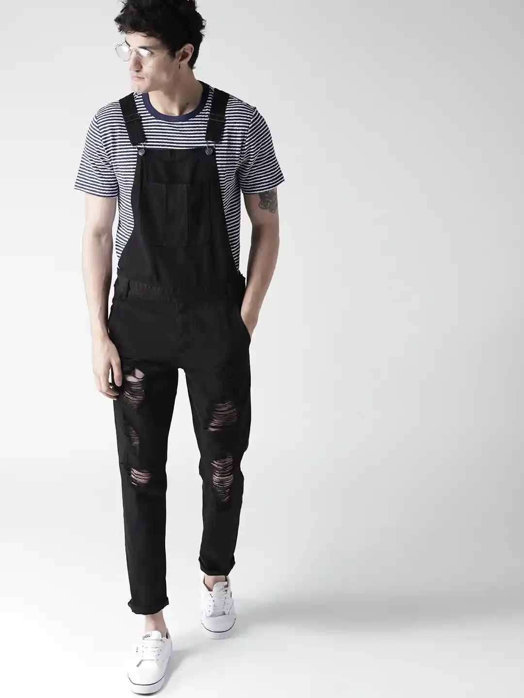 Dungaree Black T Shirt Jumpsuit FOREVER 21 Men Black Distressed