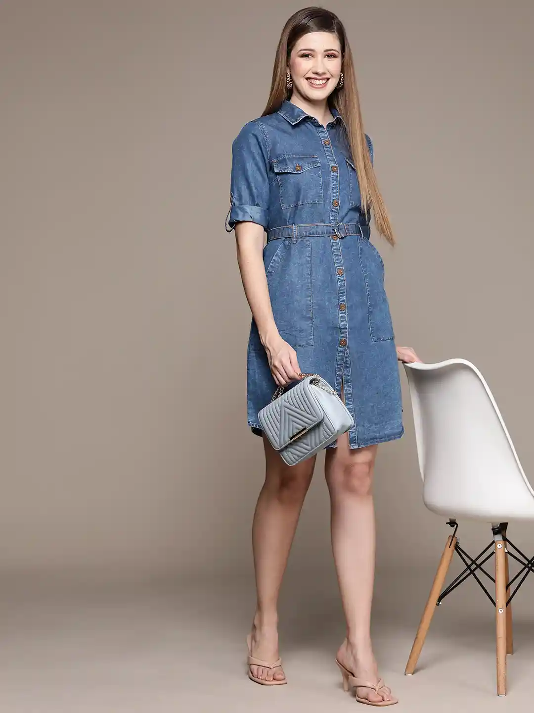 Buy Ishin Women Navy Blue Solid Denim Shirt Style Dress Dresses