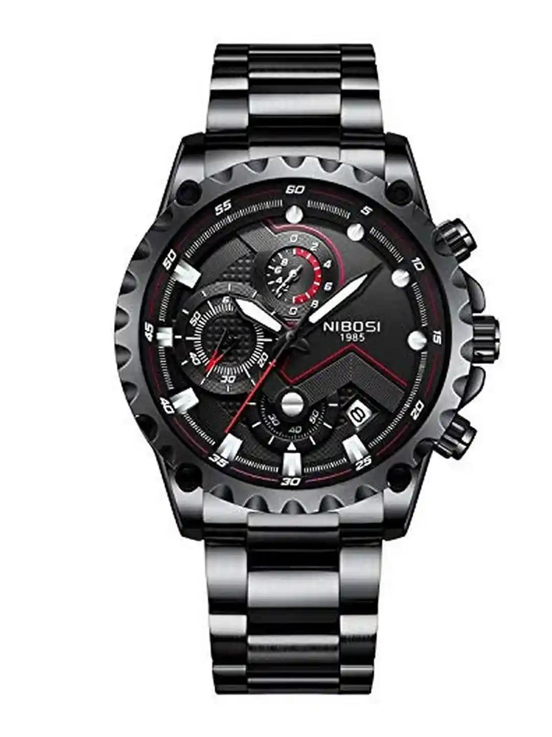 Nibosi Men Black Dial Black Stainless Steel Bracelet Style Straps  Analogue Watch NB-2322-Mtl-Blk-Blk