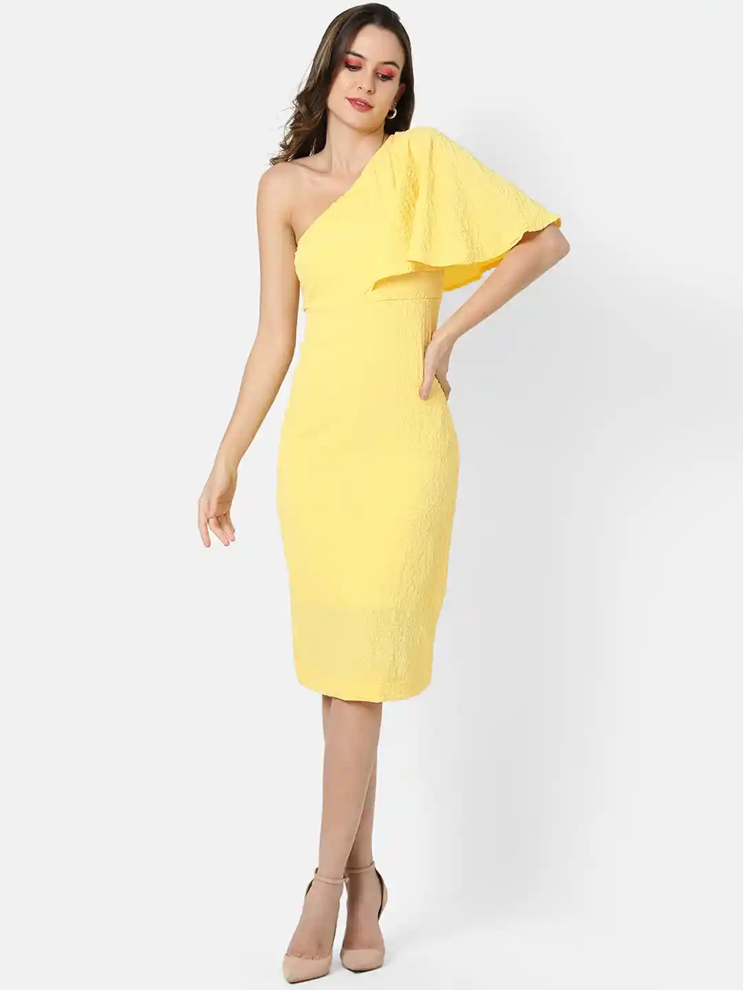 Campus Sutra Yellow One Shoulder Crepe Bodycon Dress