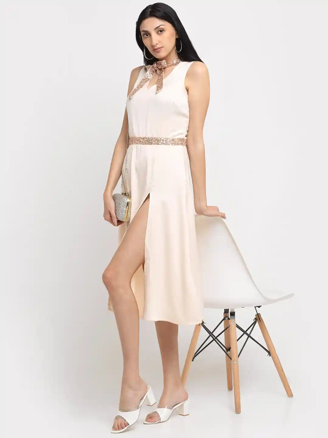 NEUDIS Beige Tie-Up Neck Satin Midi Dress