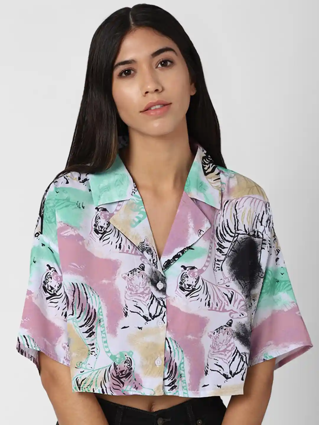 Buy FOREVER 21 Pink Floral Print Shirt Style Crop Top Tops for