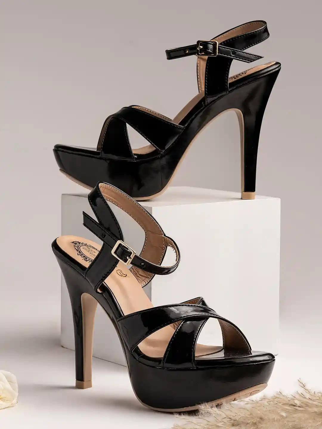 Shoetopia Black Stiletto Heels with Buckles