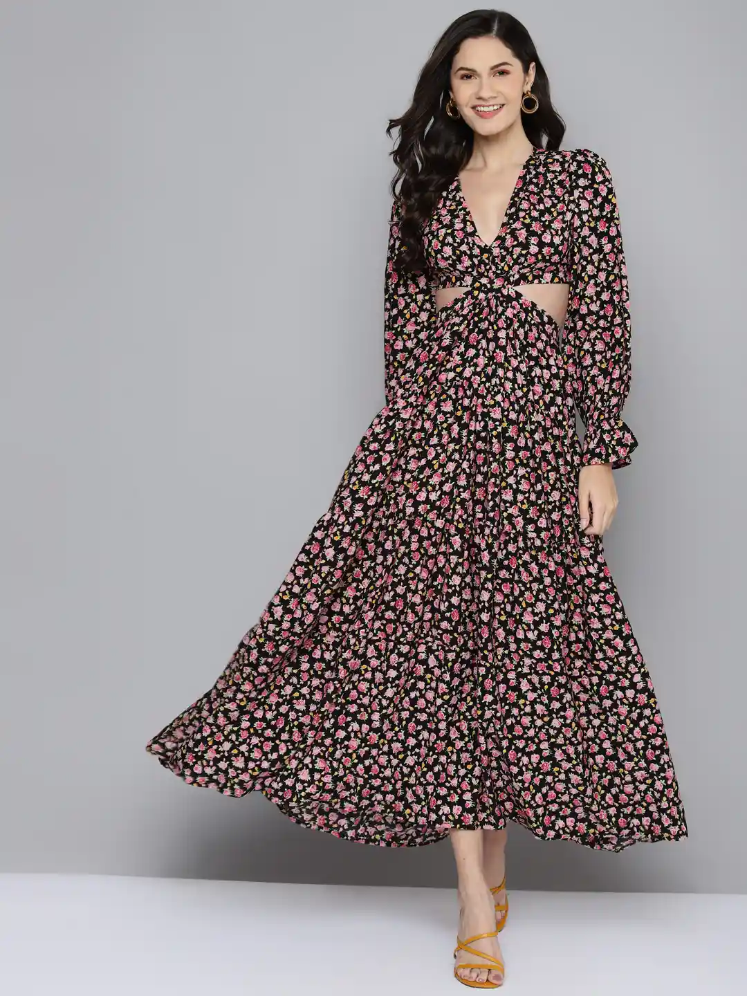 SASSAFRAS Black Pink Floral Waist Cut-Out Maxi Dress