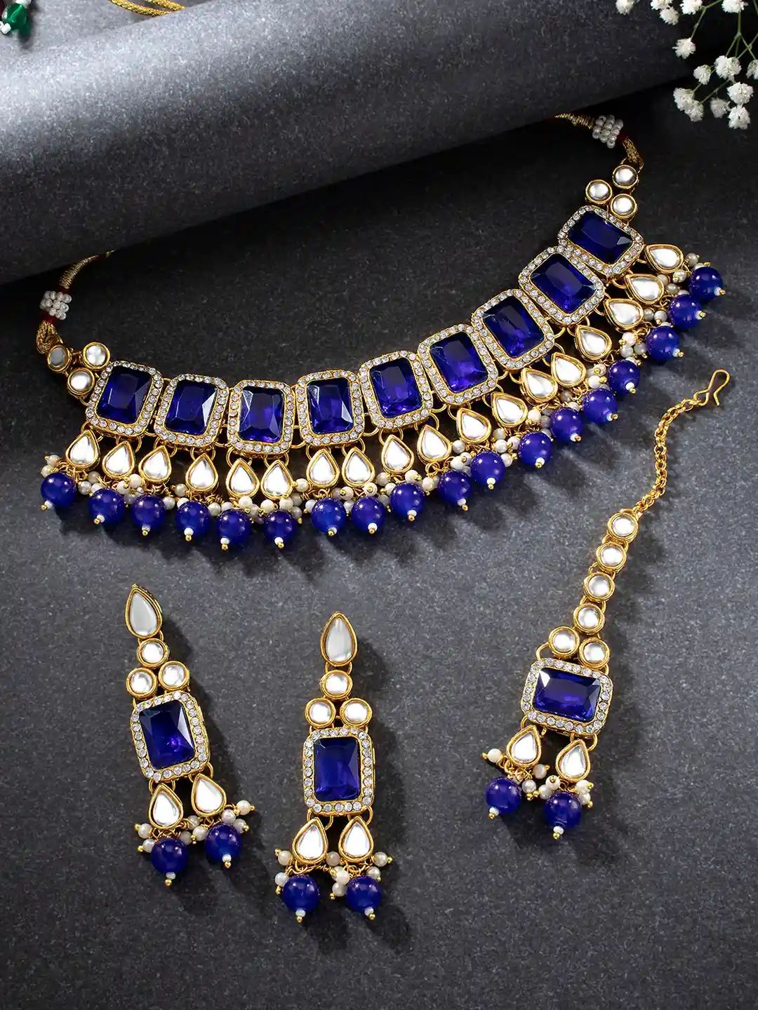 Peora Blue Gold Plated Traditional Kundan Choker Necklace Jewellery Set