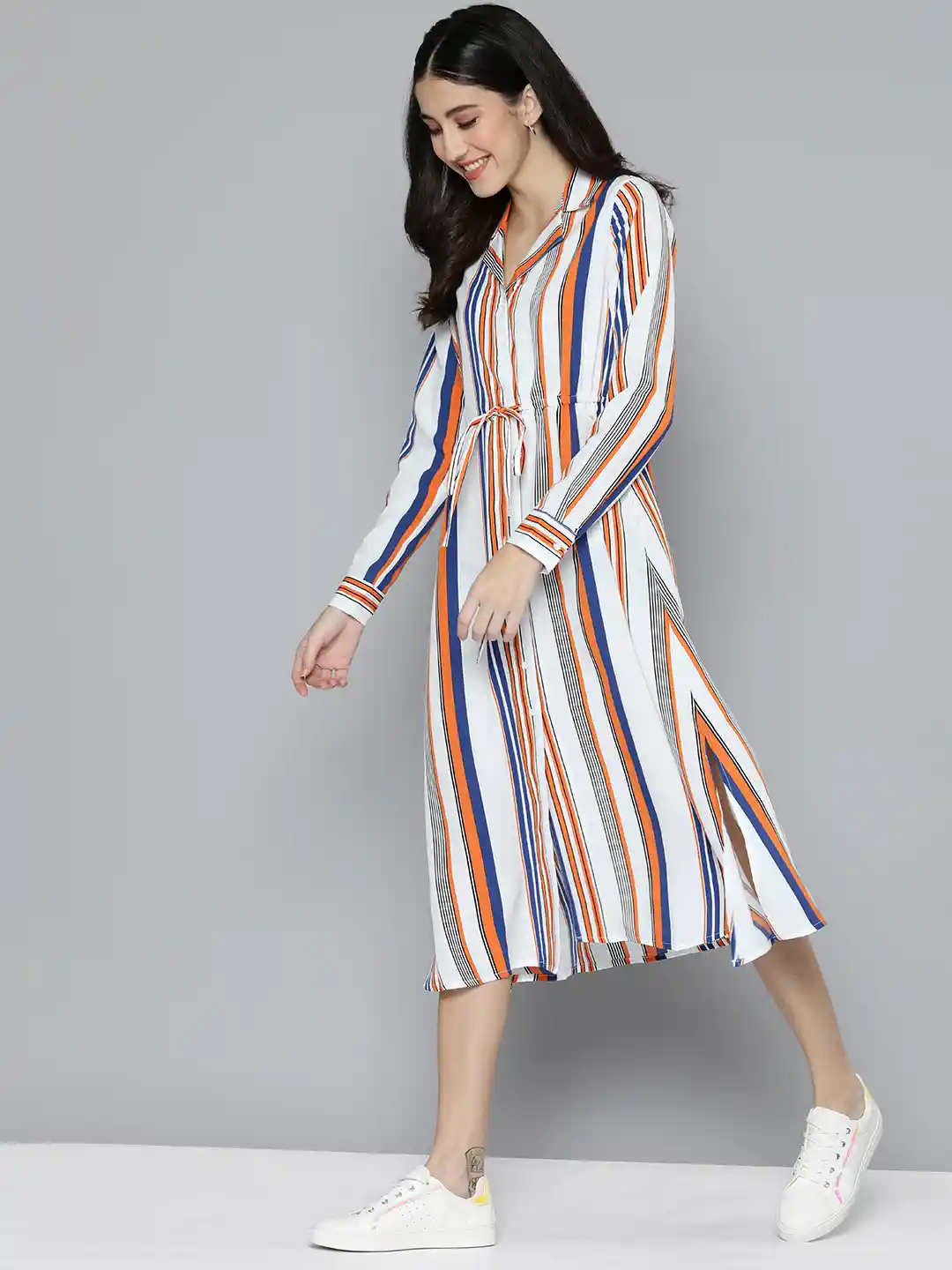 Buy Mast Harbour Women White Blue Striped Shirt Midi Dress