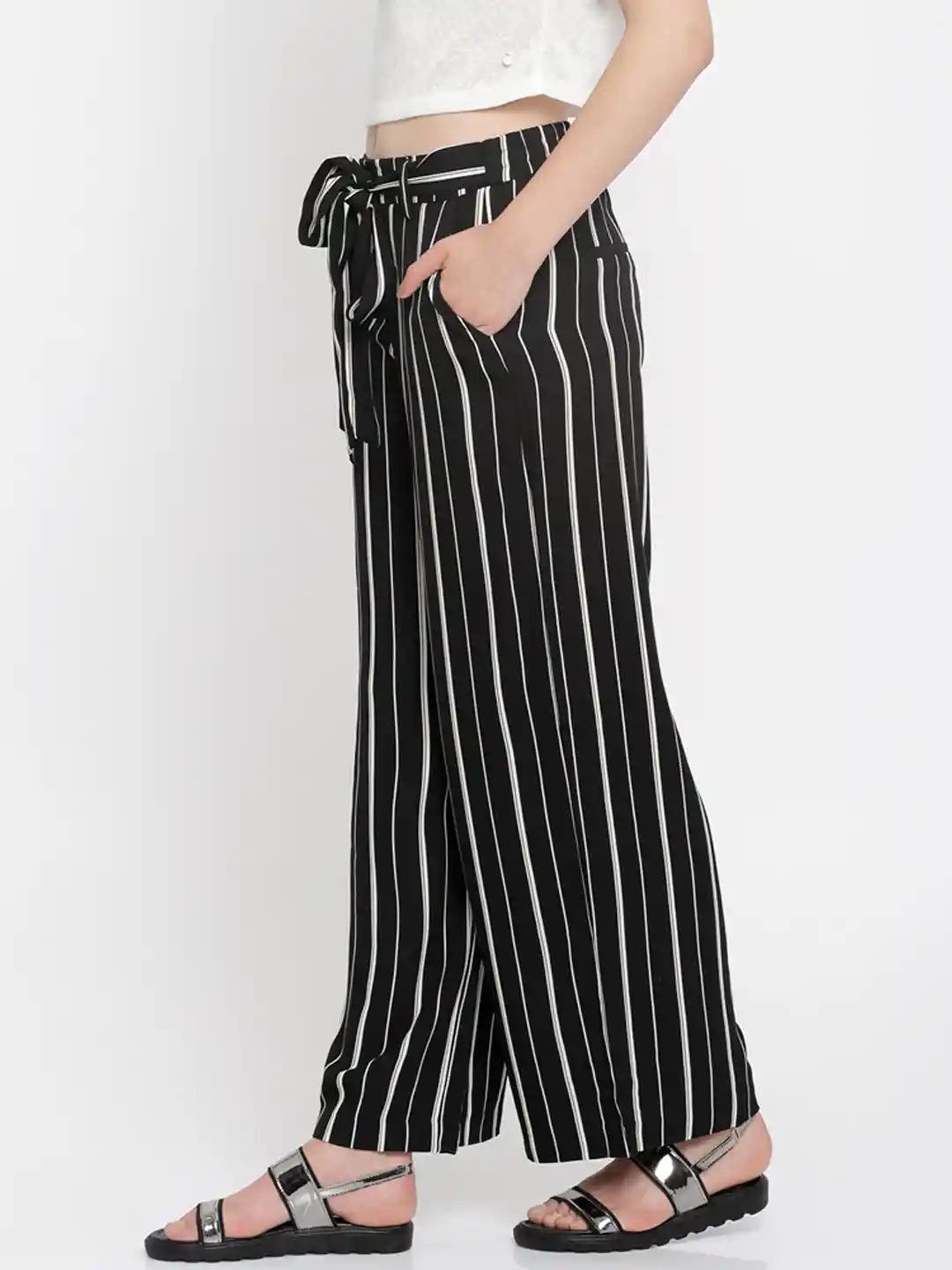 Buy ONLY Women Black White Striped Loose Fit Parallel Trousers