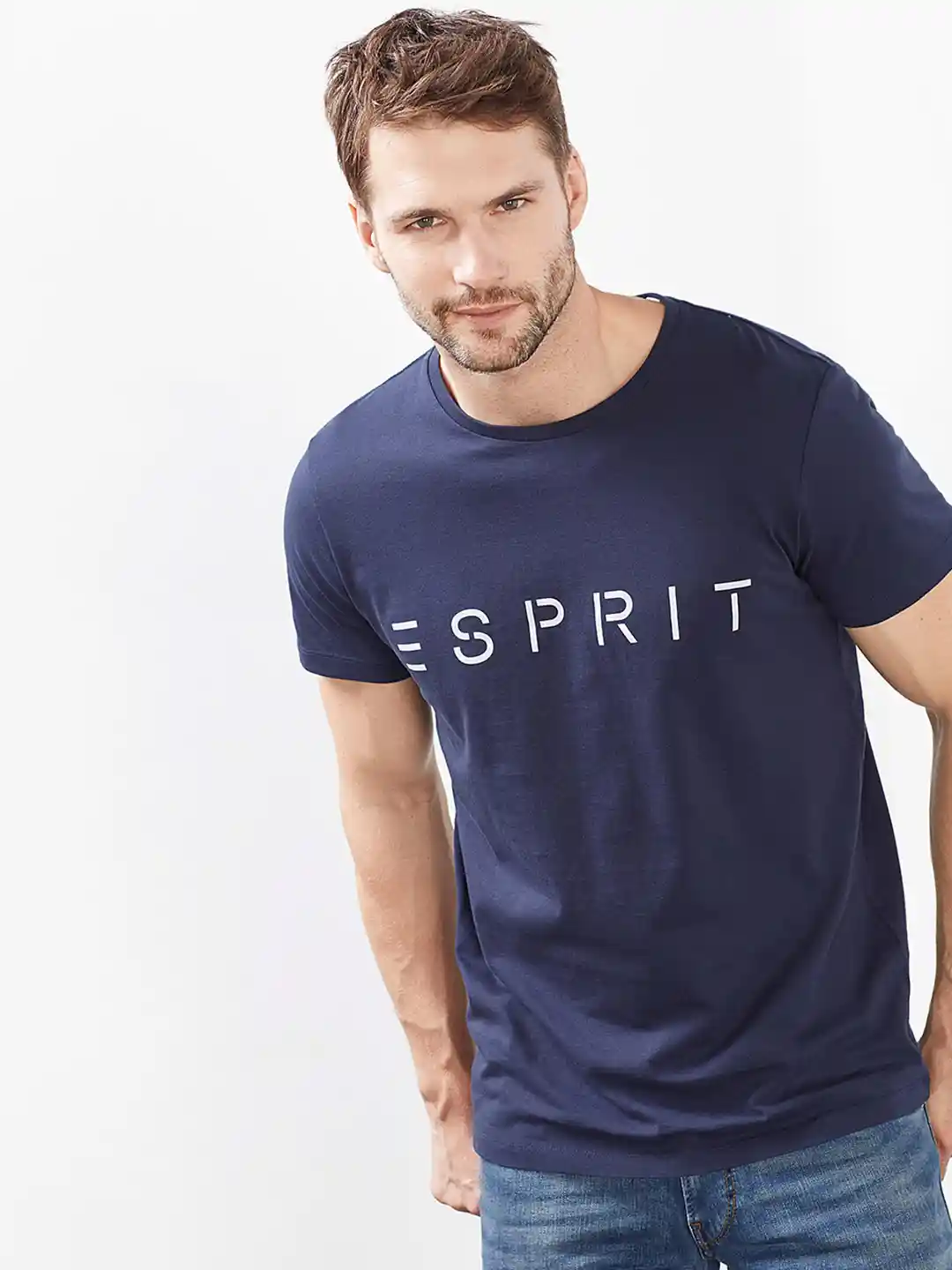 Buy ESPRIT Men Navy Blue Printed Slim Fit Round Neck Pure Cotton T