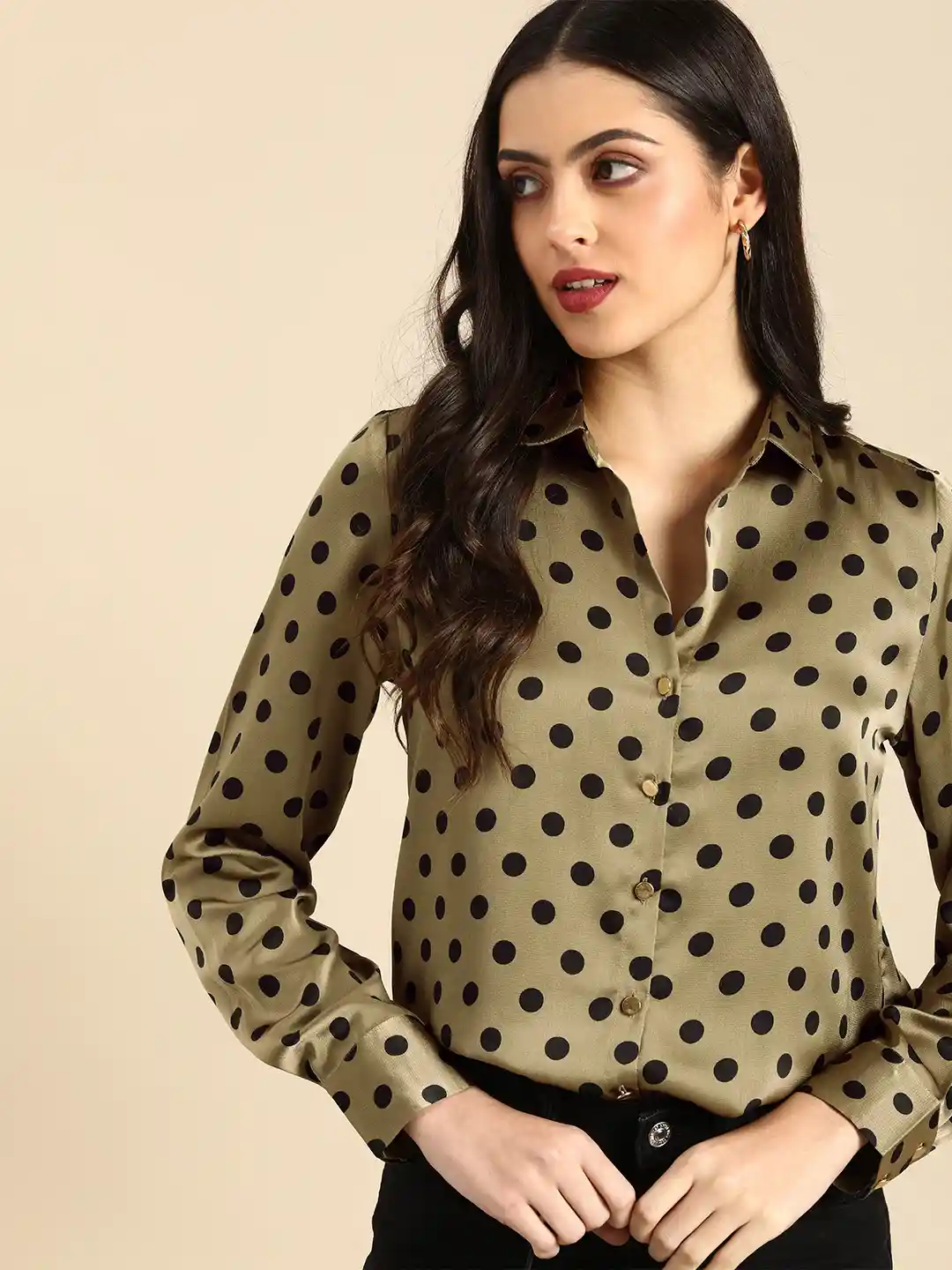 all about you Women Olive Green Black Polka Dot Printed Casual Shirt