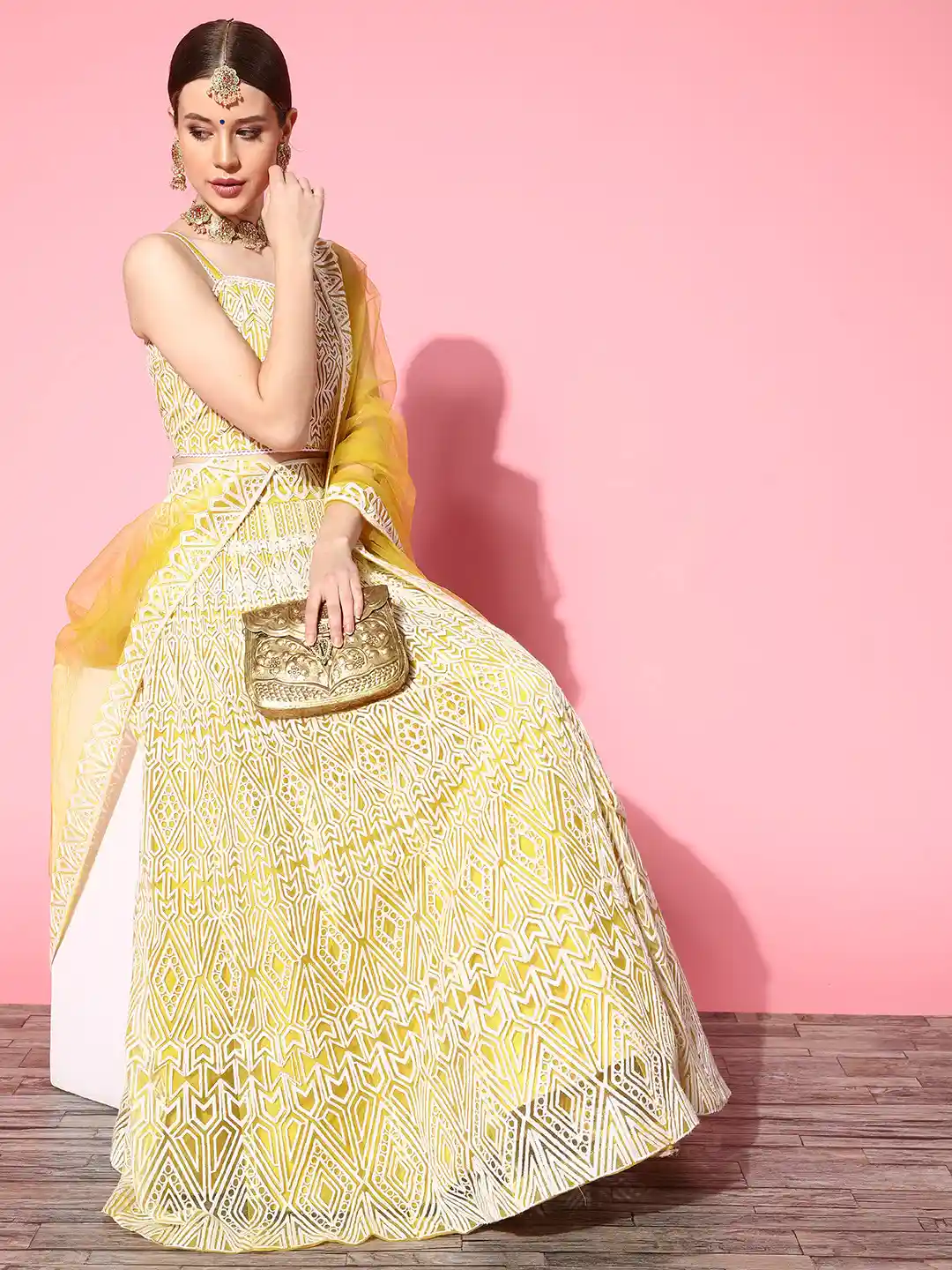 Buy Inddus Yellow Embroidered Semi-stitched Lehenga Choli With