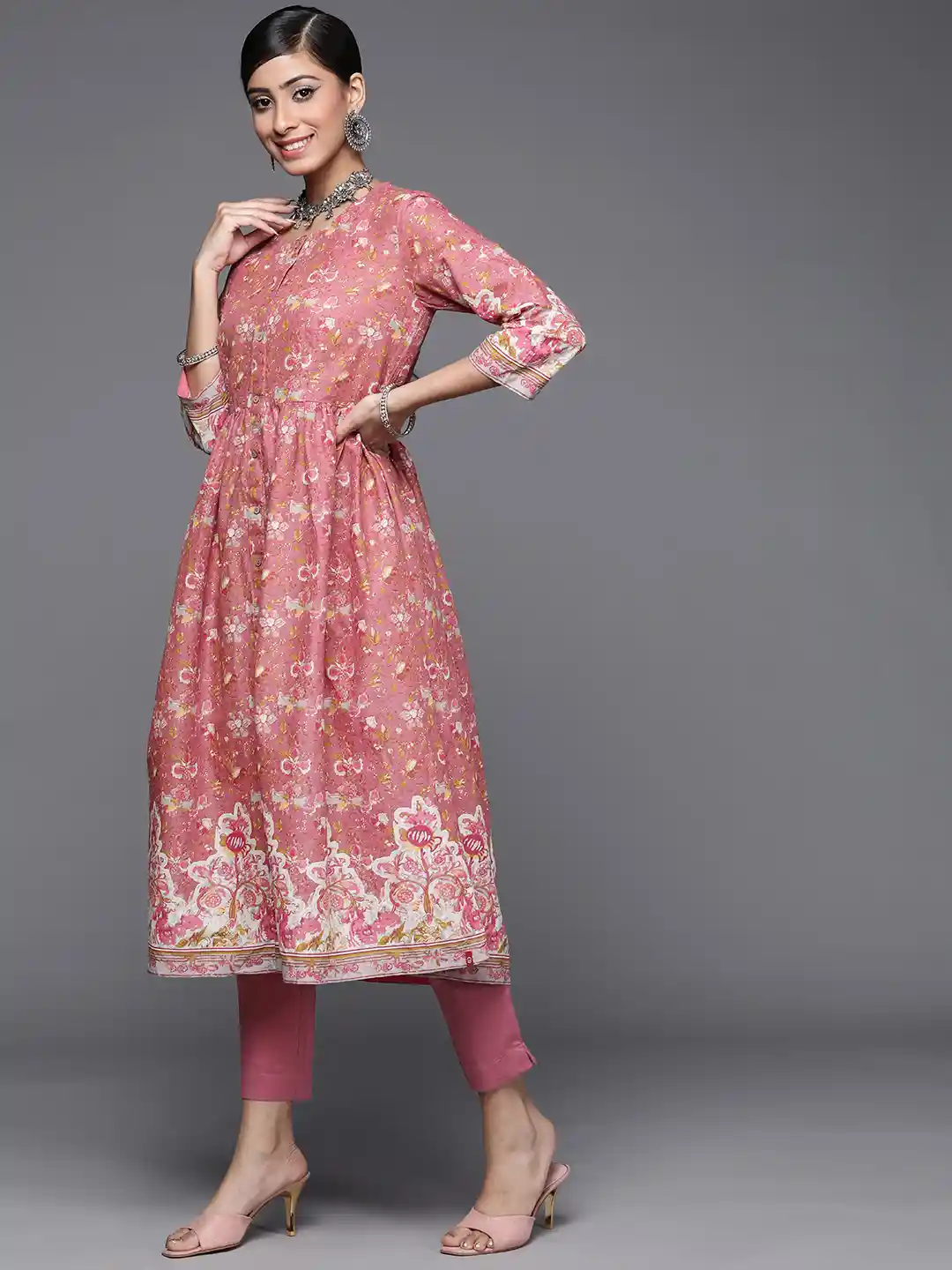 Buy Biba Women Pink Printed A-Line Pure Cotton Kurta with Trousers