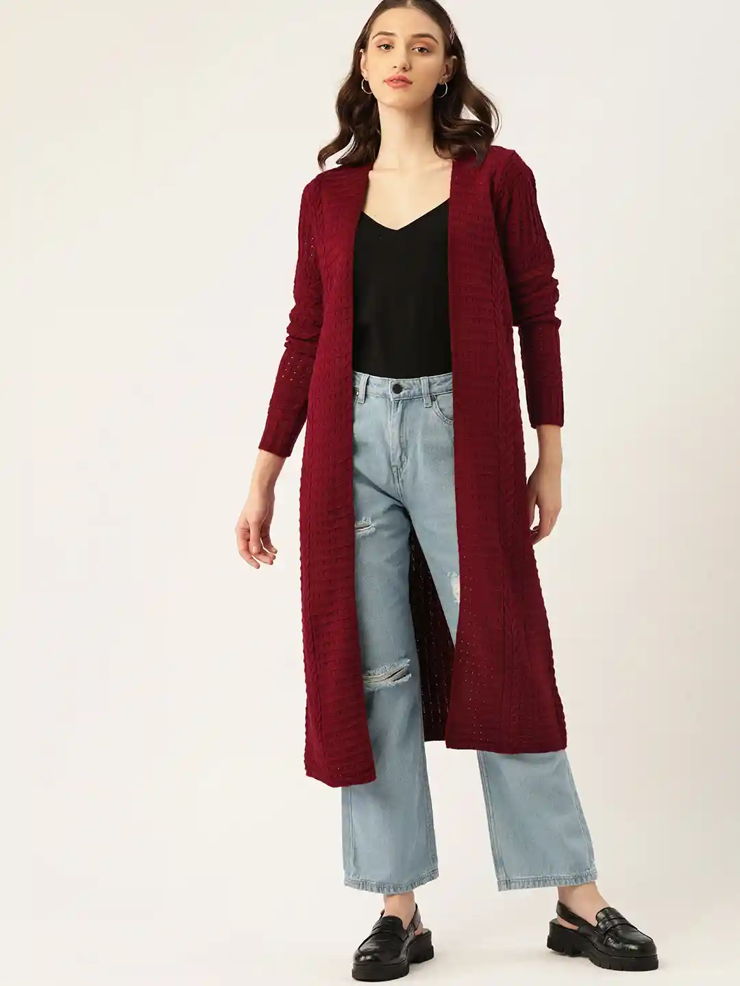 Buy DressBerry Women Maroon Solid Front-Open Longline Sweater