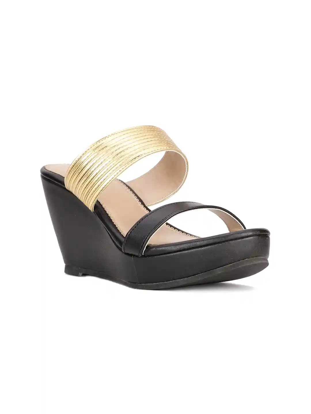 Bata Black Gold-Toned Party Wedge Heels