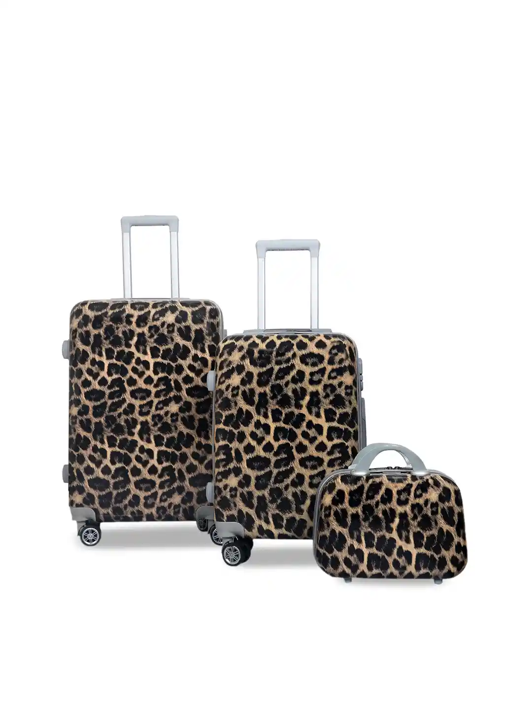 Polo Class Set Of Black Animal Print Textured Trolley Bags With Vanity