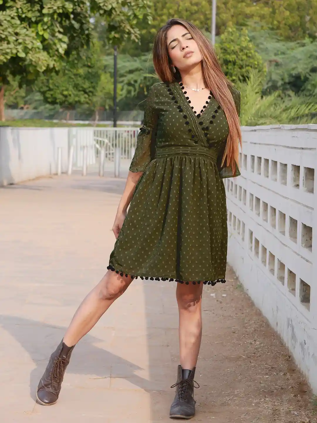 Buy STREET Olive Green Textured Embroidered Chiffon Wrap Dress