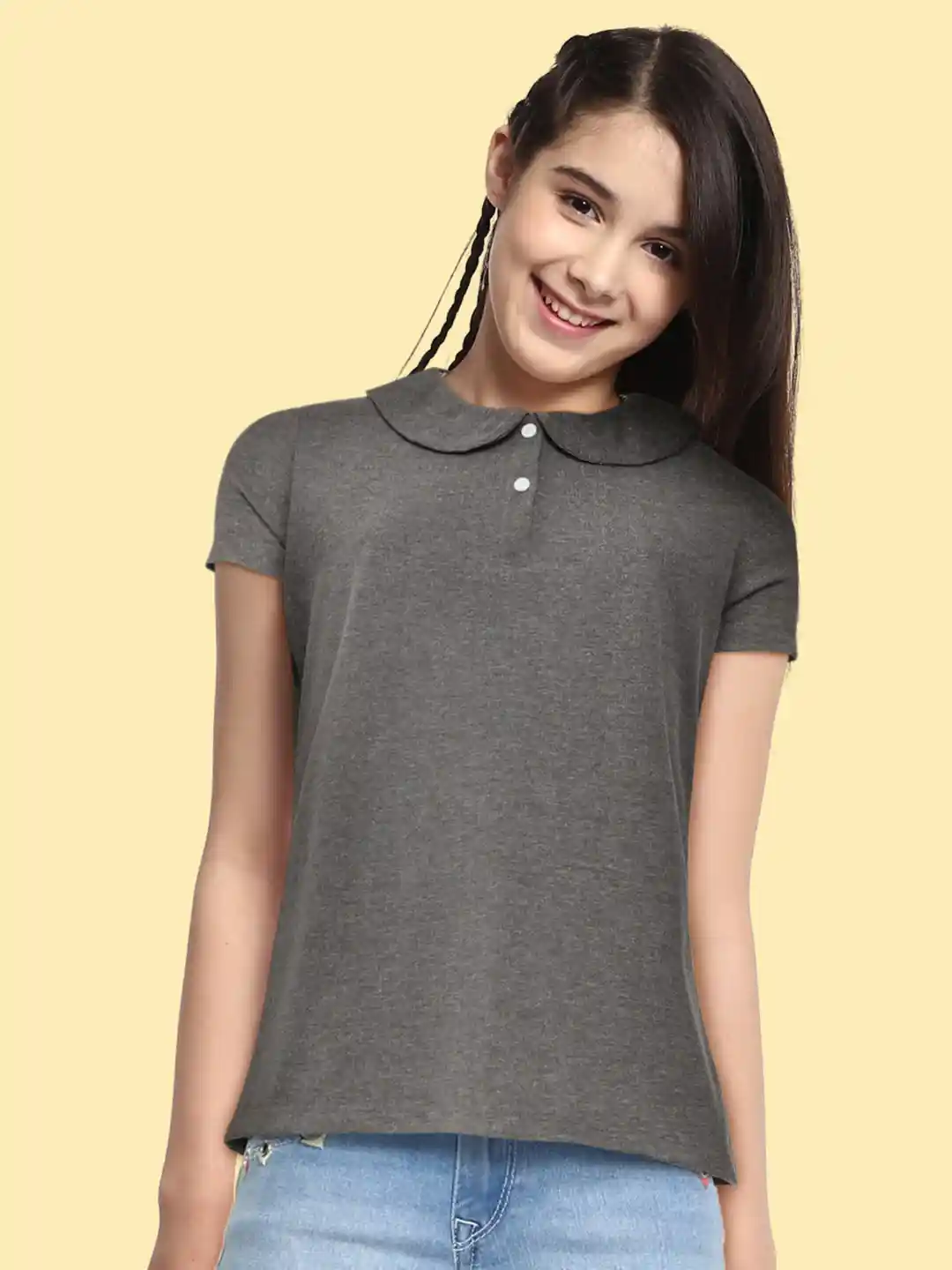 Buy METRO KIDS COMPANY Girls Grey Melange Polo Collar T-shirt
