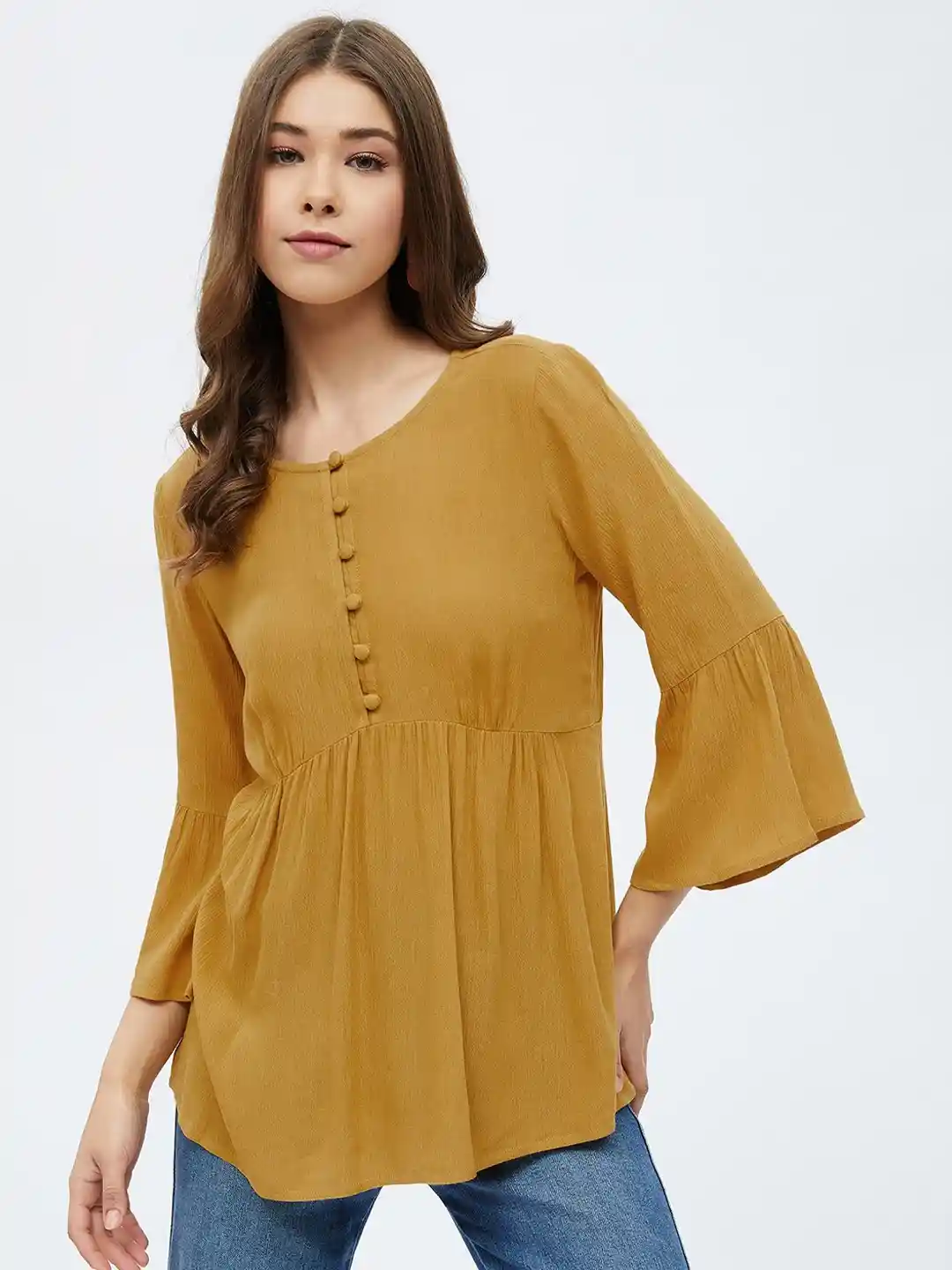 Buy Harpa Mustard Yellow Solid Empire Top Tops for Women