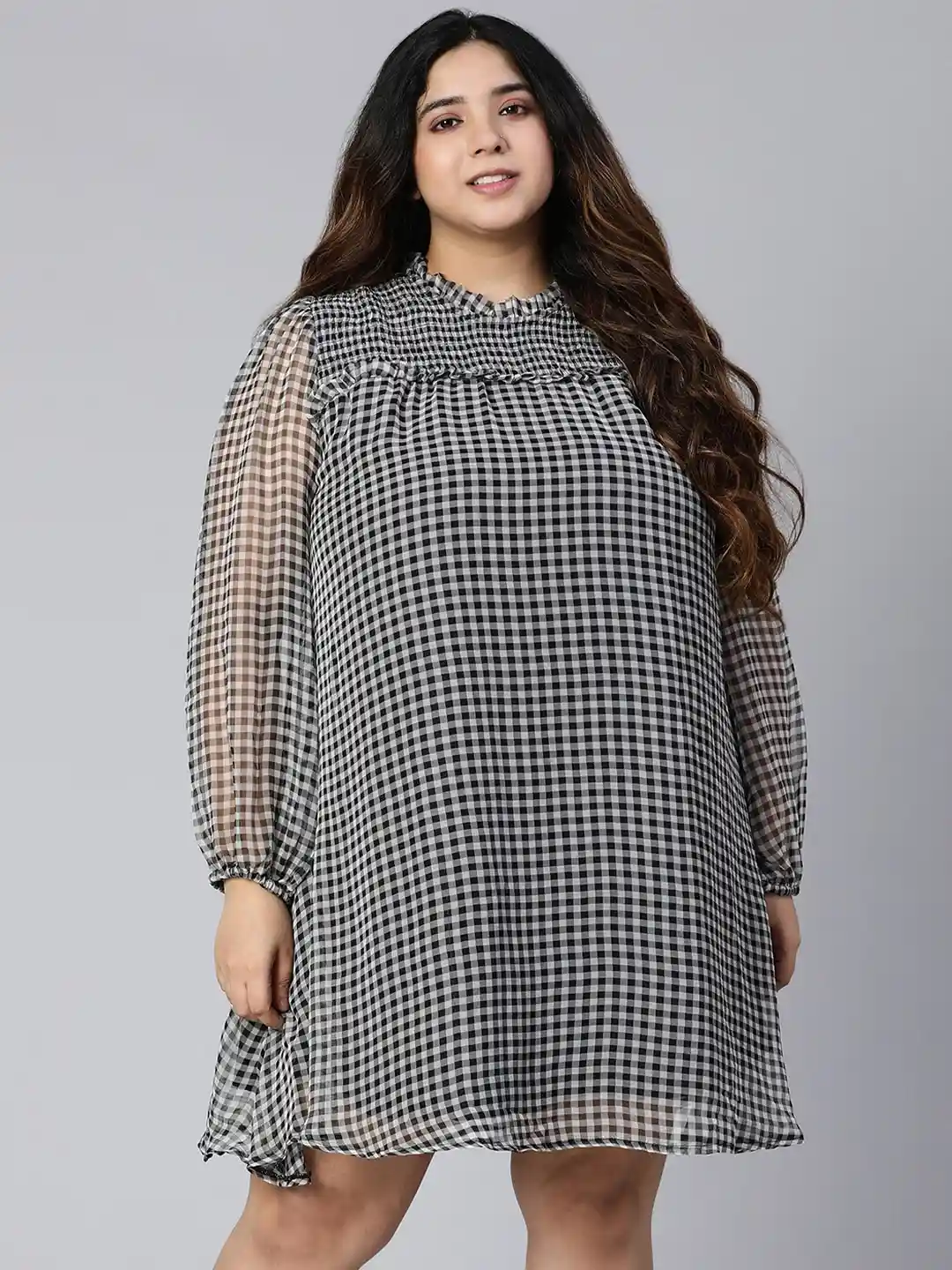 Oxolloxo Plus Size Women Grey Checked A-Line Dress