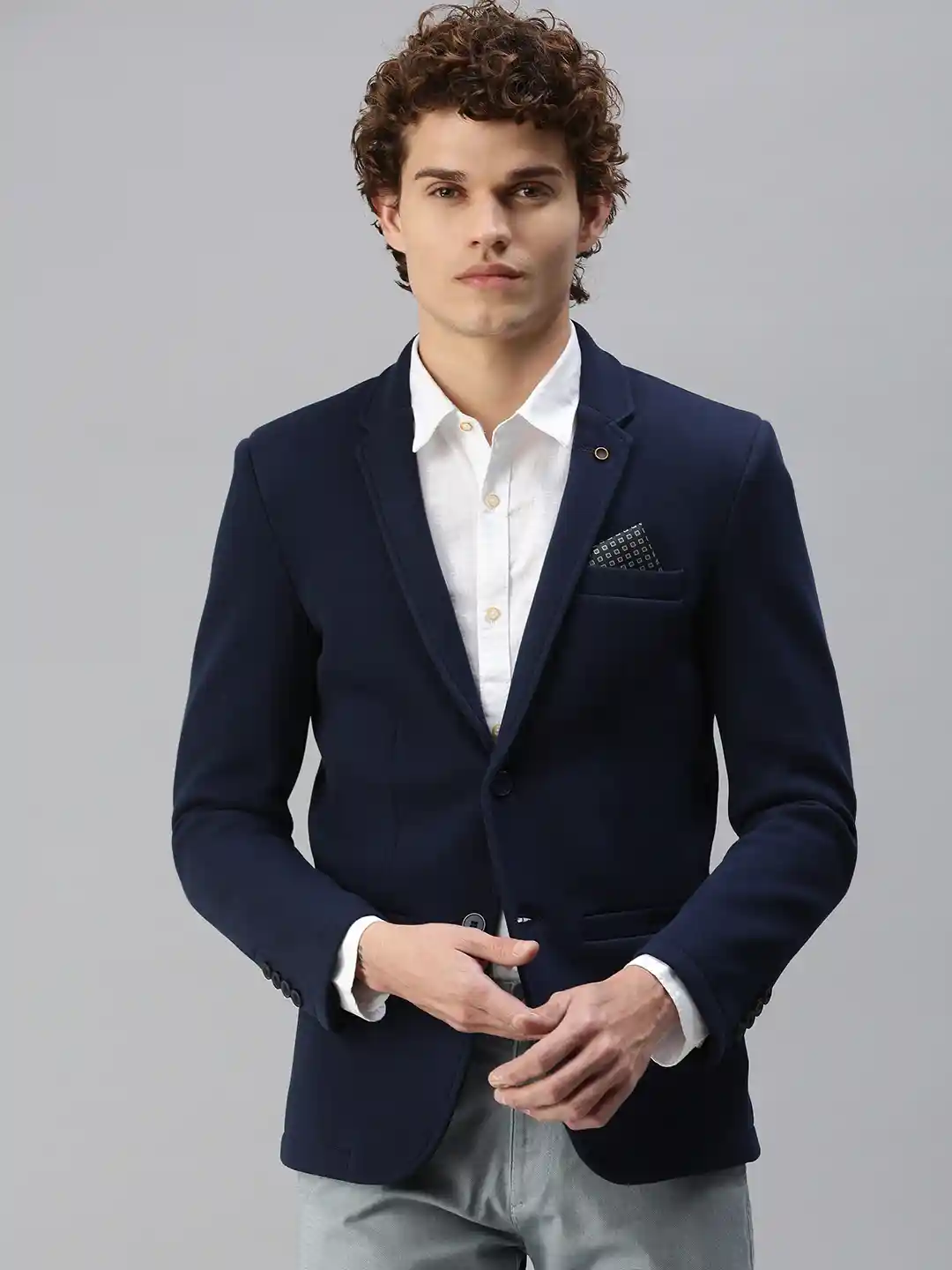 Buy SHOWOFF Men Navy Blue Solid Single-Breasted Slim-Fit Blazer