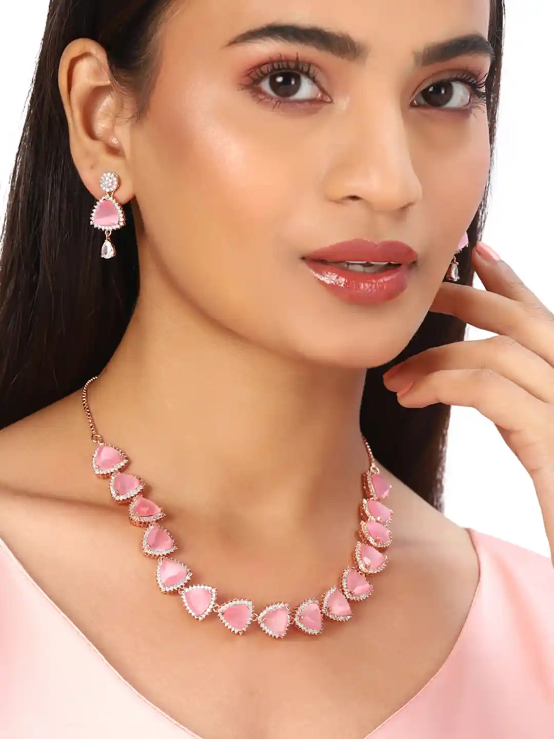 Voylla Pink Rose Gold-Plated American Diamond CZ Pearl Necklace Set with  Stone