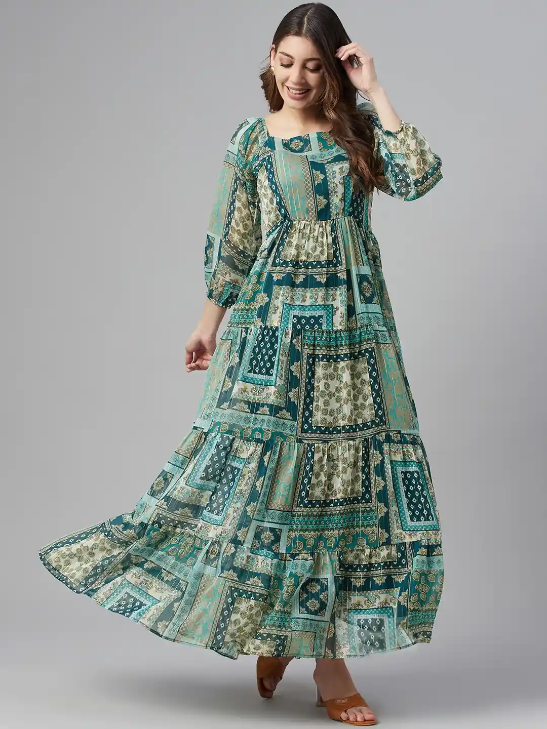 Buy Cottinfab Women Green Blue Ethnic Printed A-Line Maxi Dress
