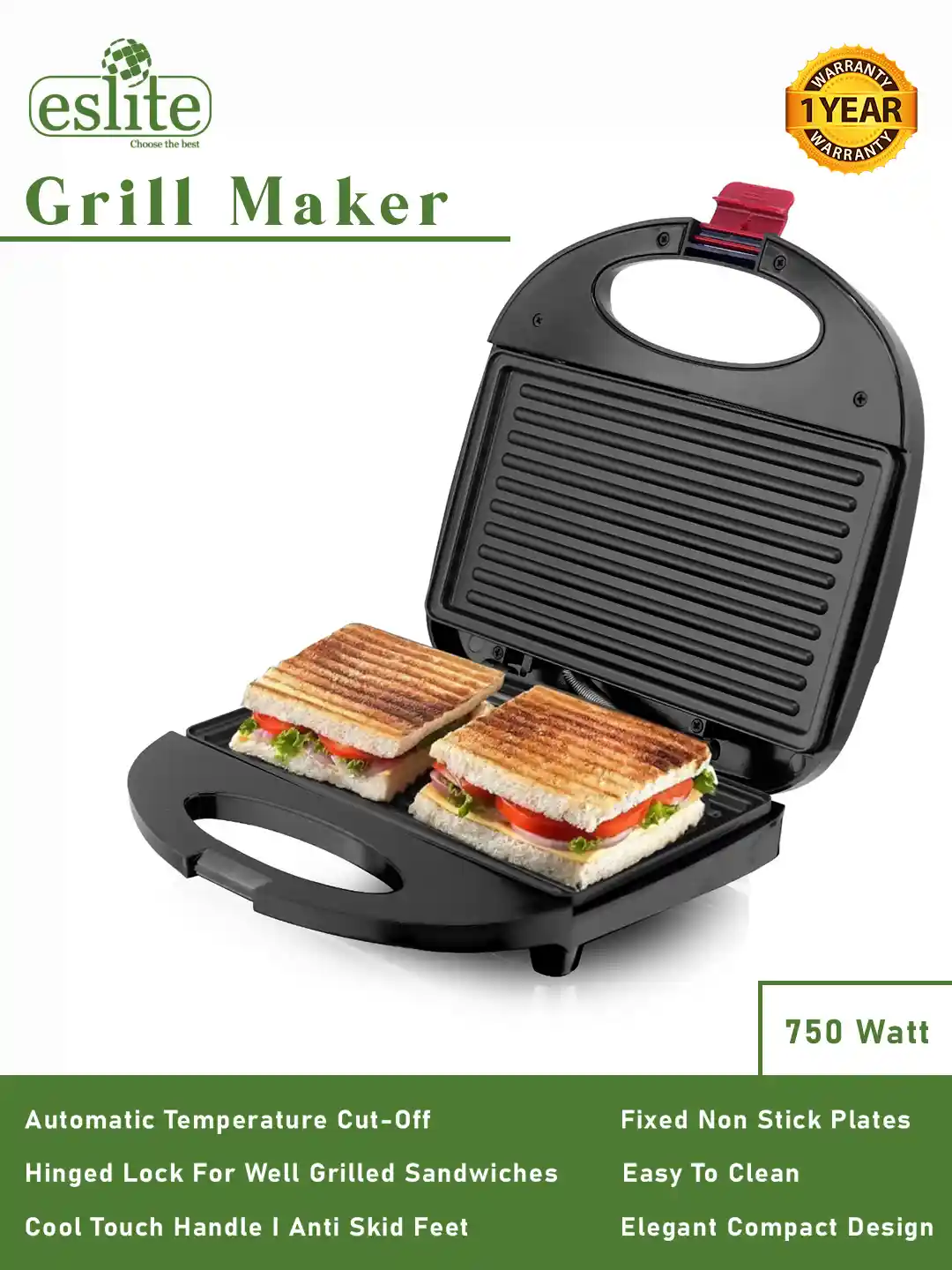Buy Eslite Aluminium 750W Grill Sandwich Maker With Fixed Non