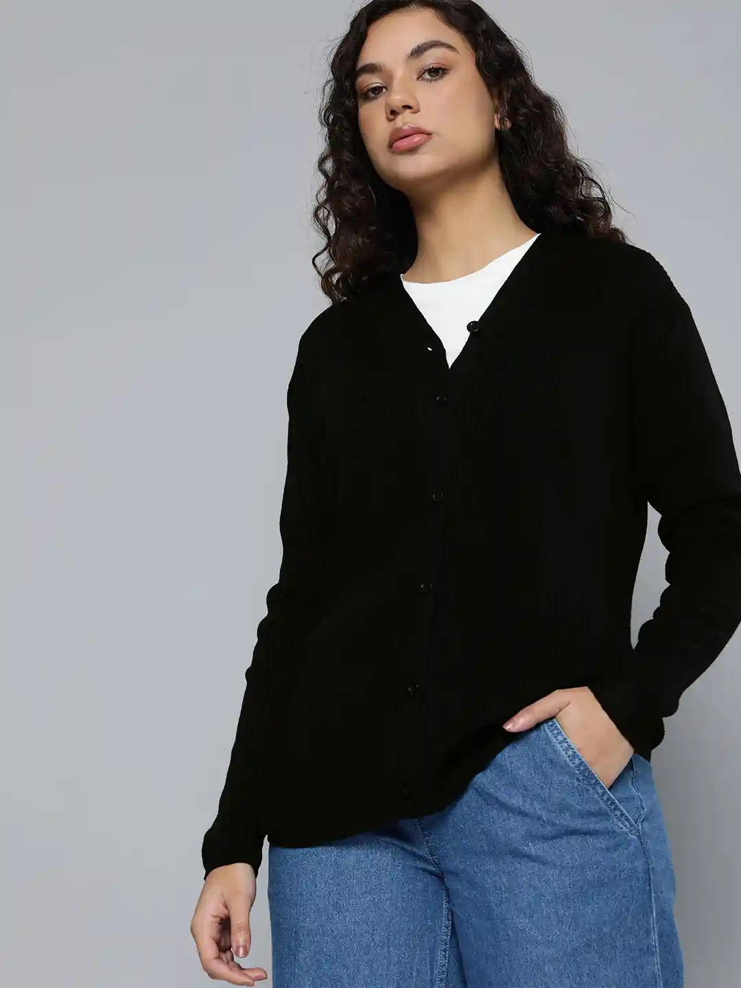 ether Women Black Ribbed Shawl Collar Acrylic Cardigan