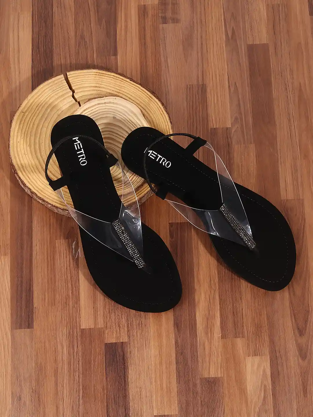 Buy Metro Women Black Embellished T-Strap Sandals Heels for