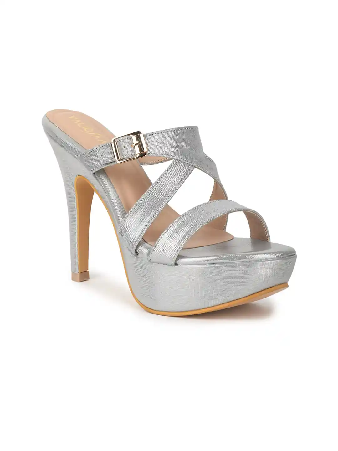 Buy VALIOSAA Silver-Toned Textured Party Platform Sandals with
