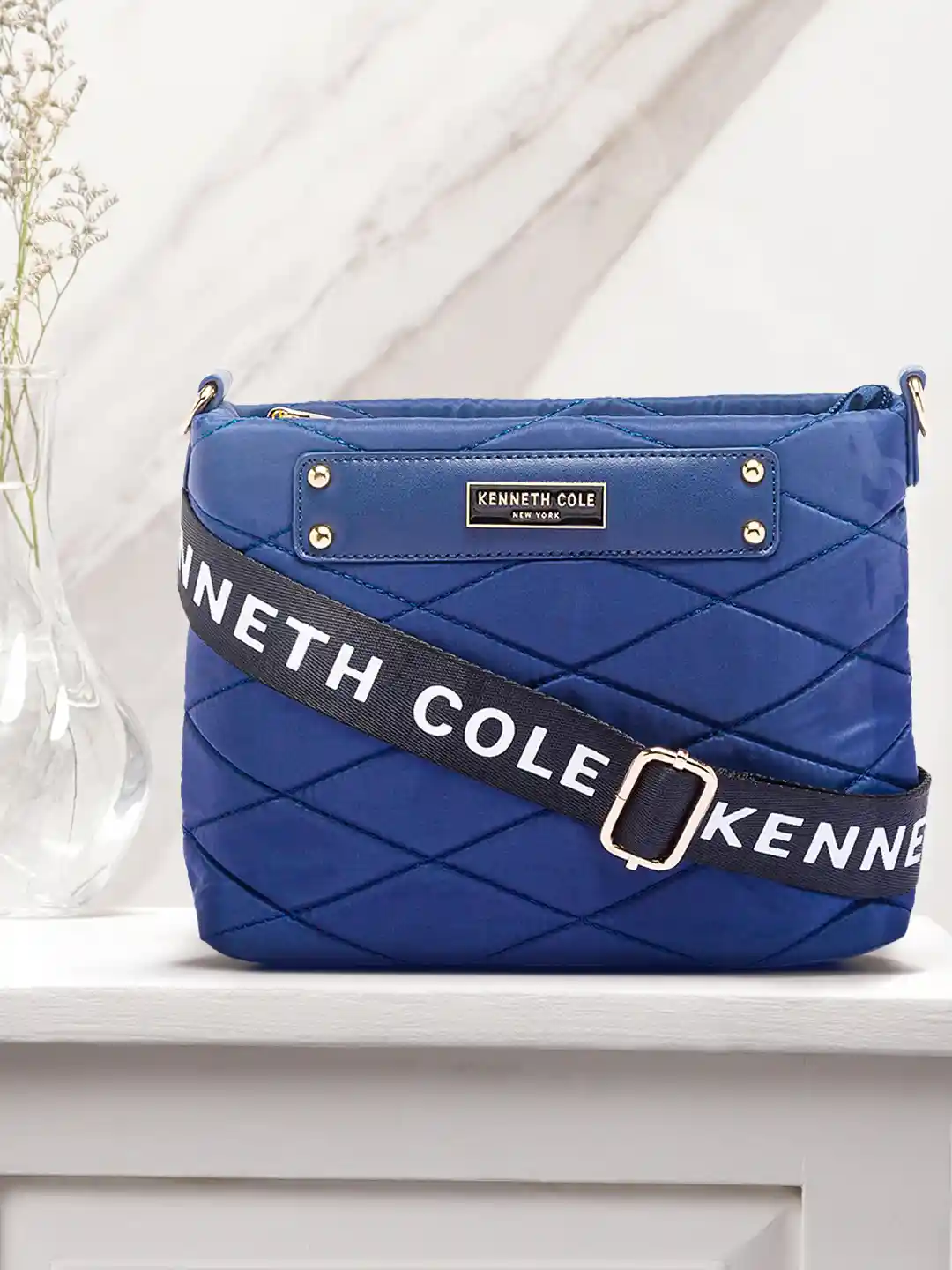 Buy Kenneth Cole Navy Blue Quilted Structured Sling Bag Handbags