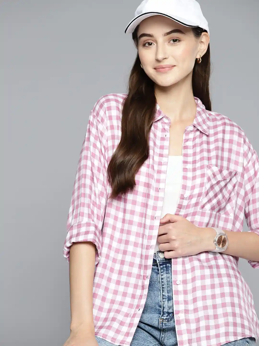 Buy Harvard Women White Pink Gingham Checked Casual Shirt