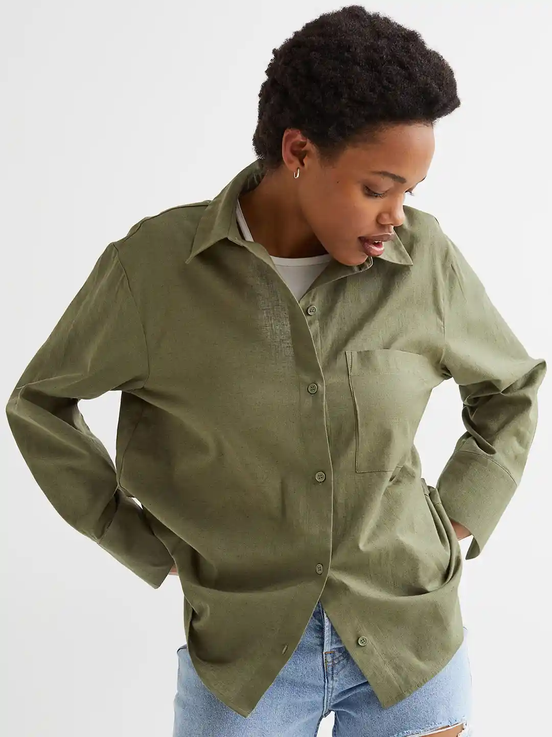 Buy H&M Women Olive Green Poplin Shirt Shirts for Women 18131544