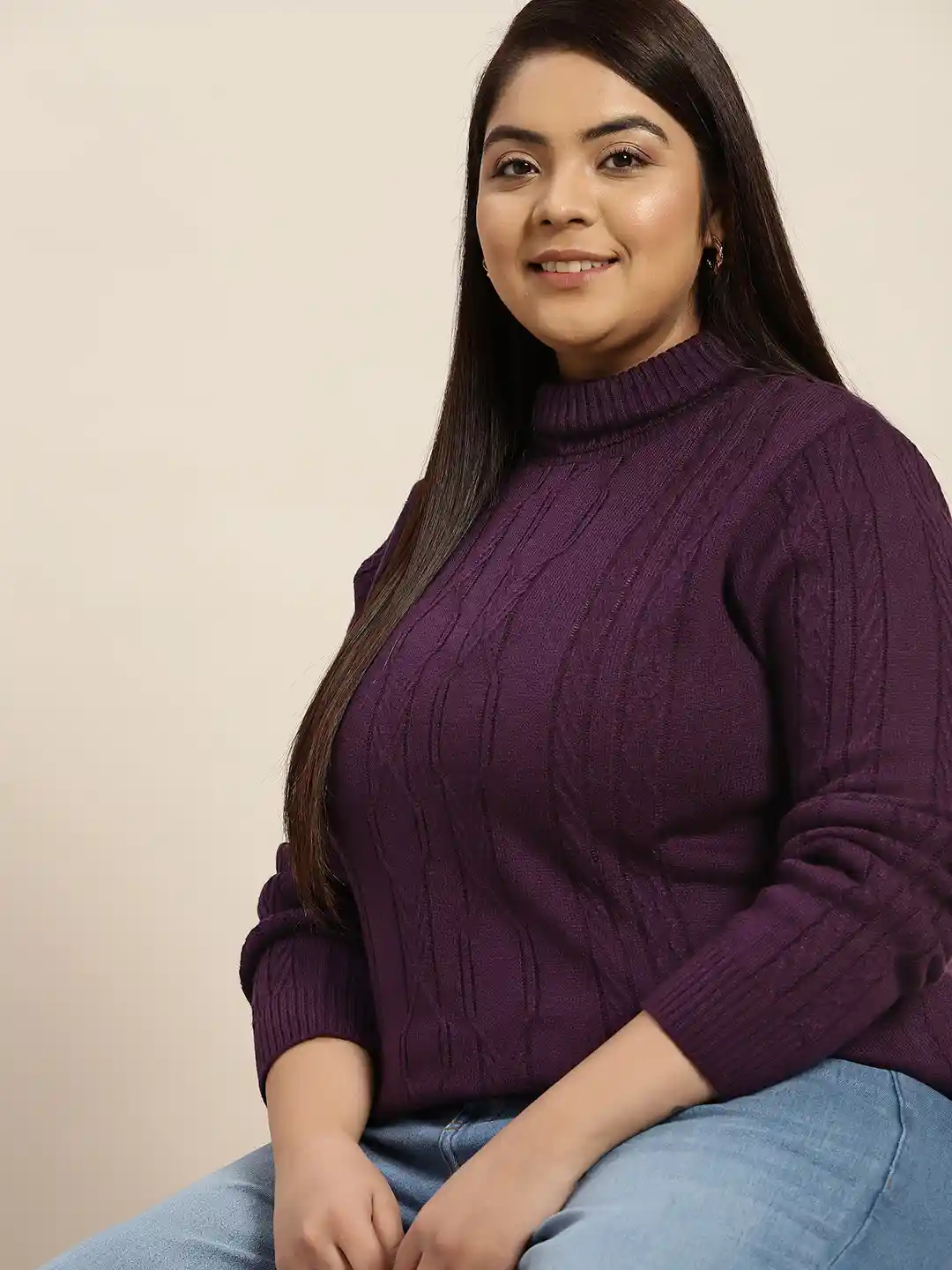 Buy Sztori Women Plus Size Purple Cable Knit Acrylic Sweater