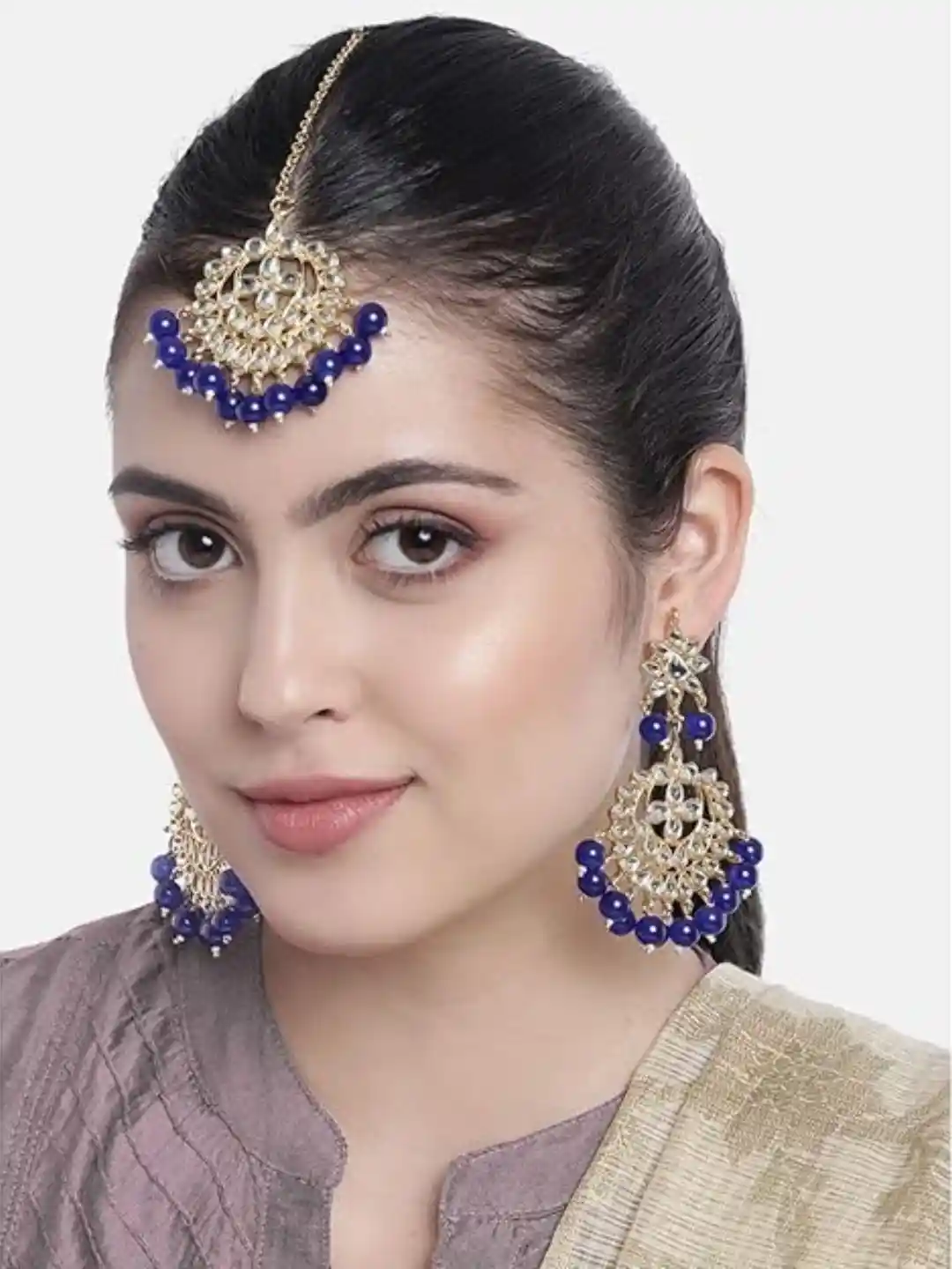 Buy I Jewels Gold Plated Navy Blue Studded Maang Tikka with